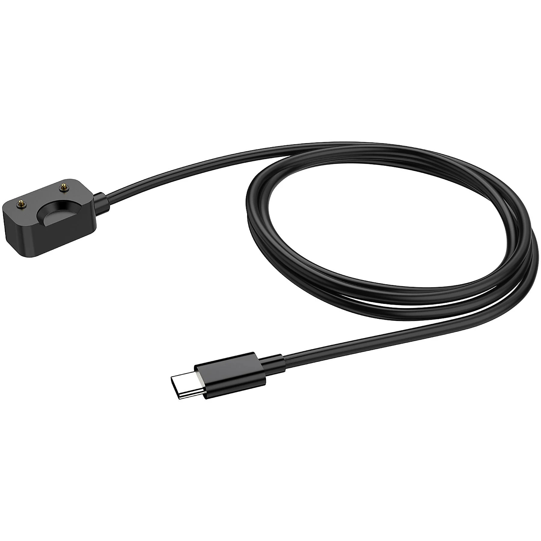 Schwarzes Ladekabel mit USB-C-Anschluss und Ladepad. Weißer Hintergrund.