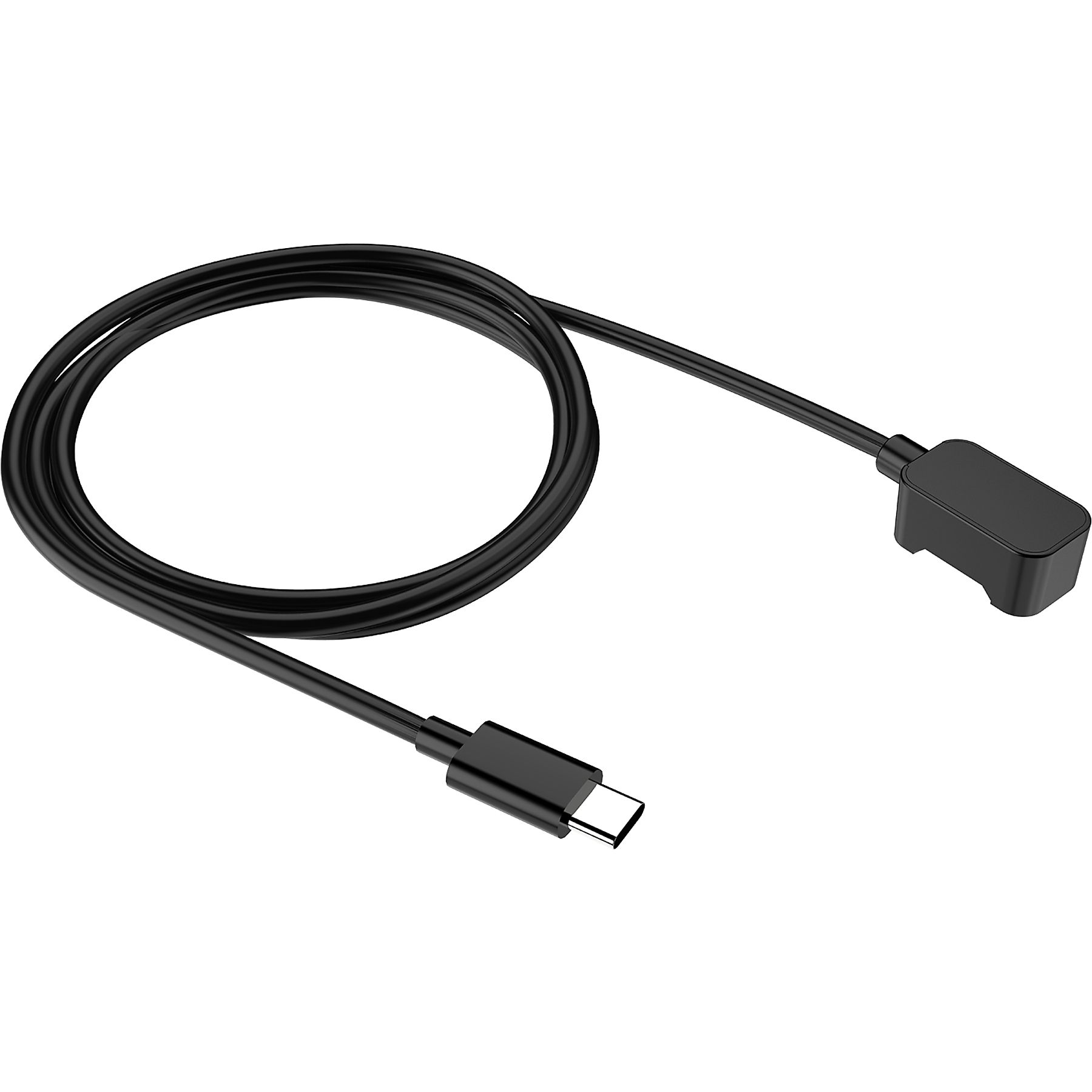 Schwarzes Ladekabel mit USB-C-Anschluss. Weißer Hintergrund.
