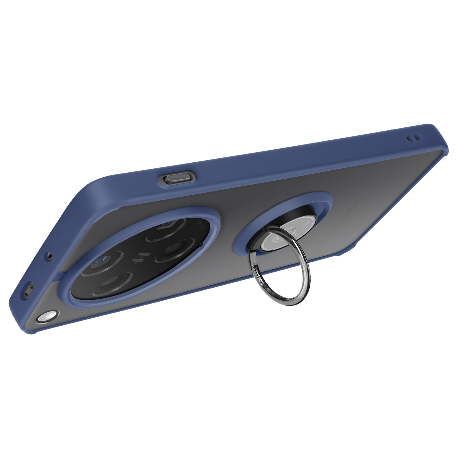 Funda azul para teléfono con soporte de anillo, mostrando las lentes de la cámara.