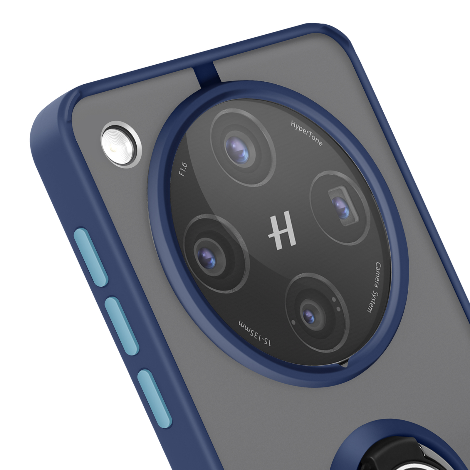 Funda de teléfono azul con configuración de triple cámara, con un logotipo en forma de H.