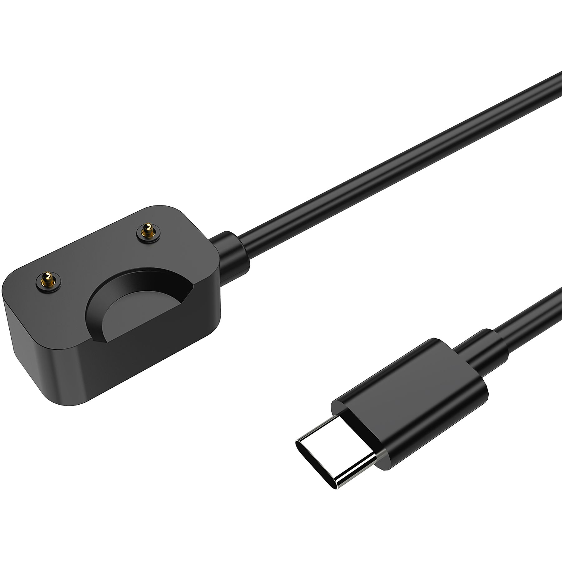 Ein schwarzes Ladekabel mit einem USB-C-Anschluss und einer rechteckigen Ladestation mit zwei Stiften.