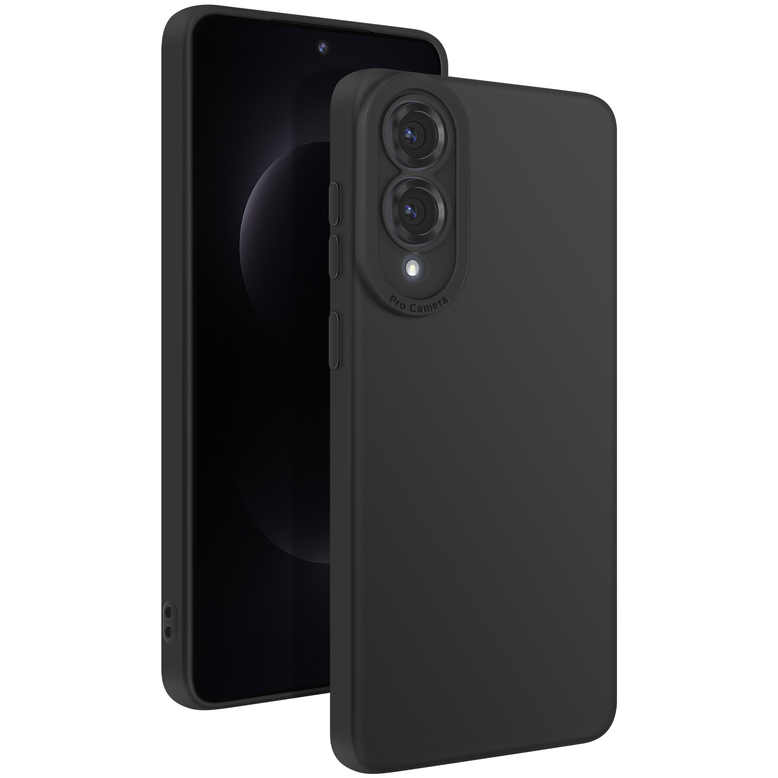 Custodia per telefono nera con un telefono, con una configurazione a doppia fotocamera.