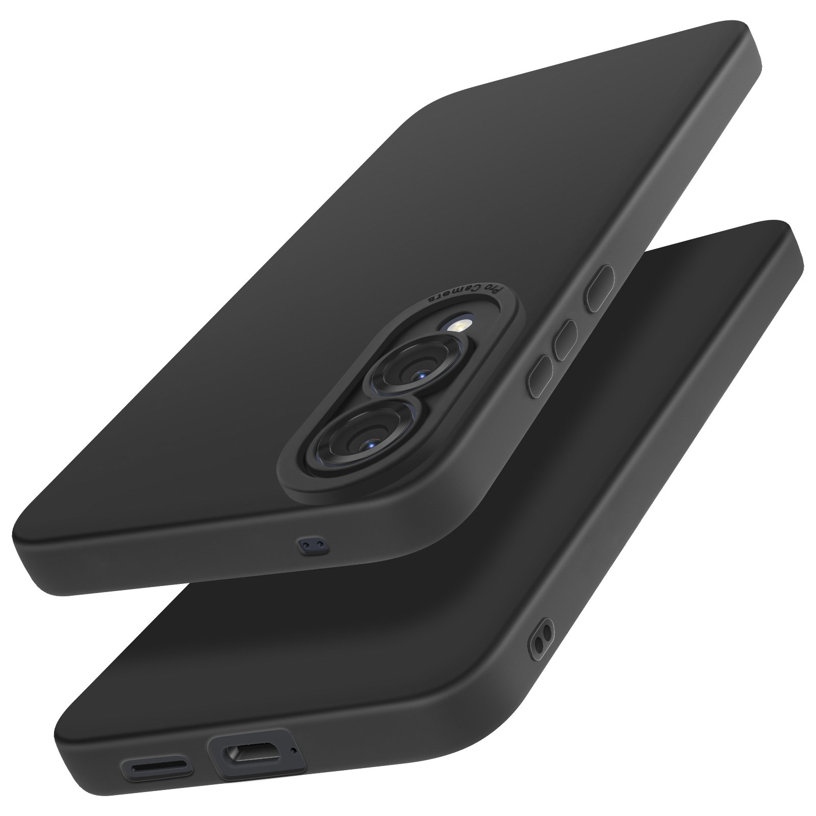 Due custodie nere per telefono. Una fluttua sopra l'altra. Entrambe hanno ritagli per fotocamera e fori per i pulsanti.