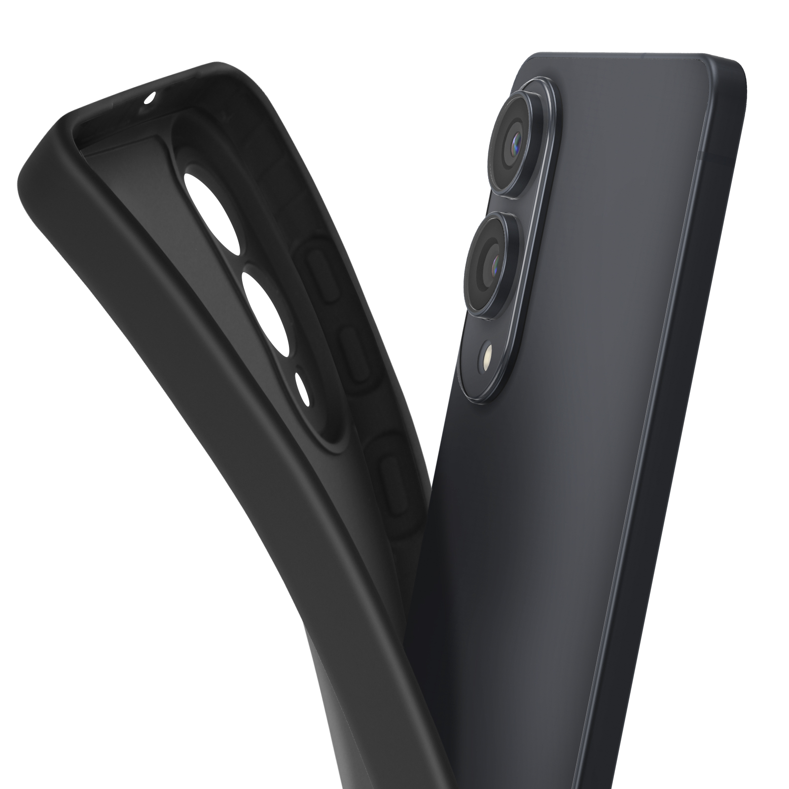 Un telefono nero con lenti della fotocamera e una custodia staccata. È un telefono nero con una custodia nera.