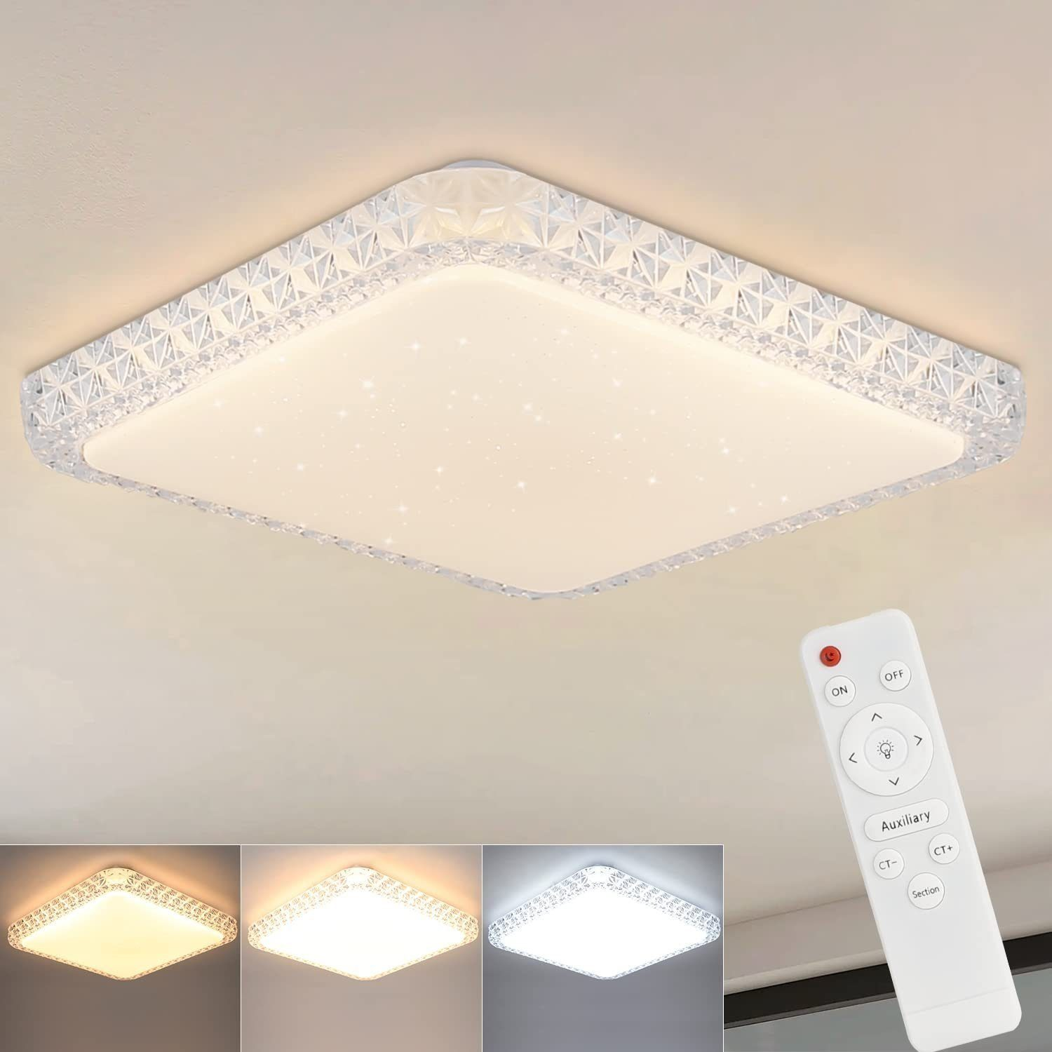 Una plafoniera quadrata, bianca e moderna con bordo decorativo e telecomando. Vengono mostrate tre modalità di illuminazione.