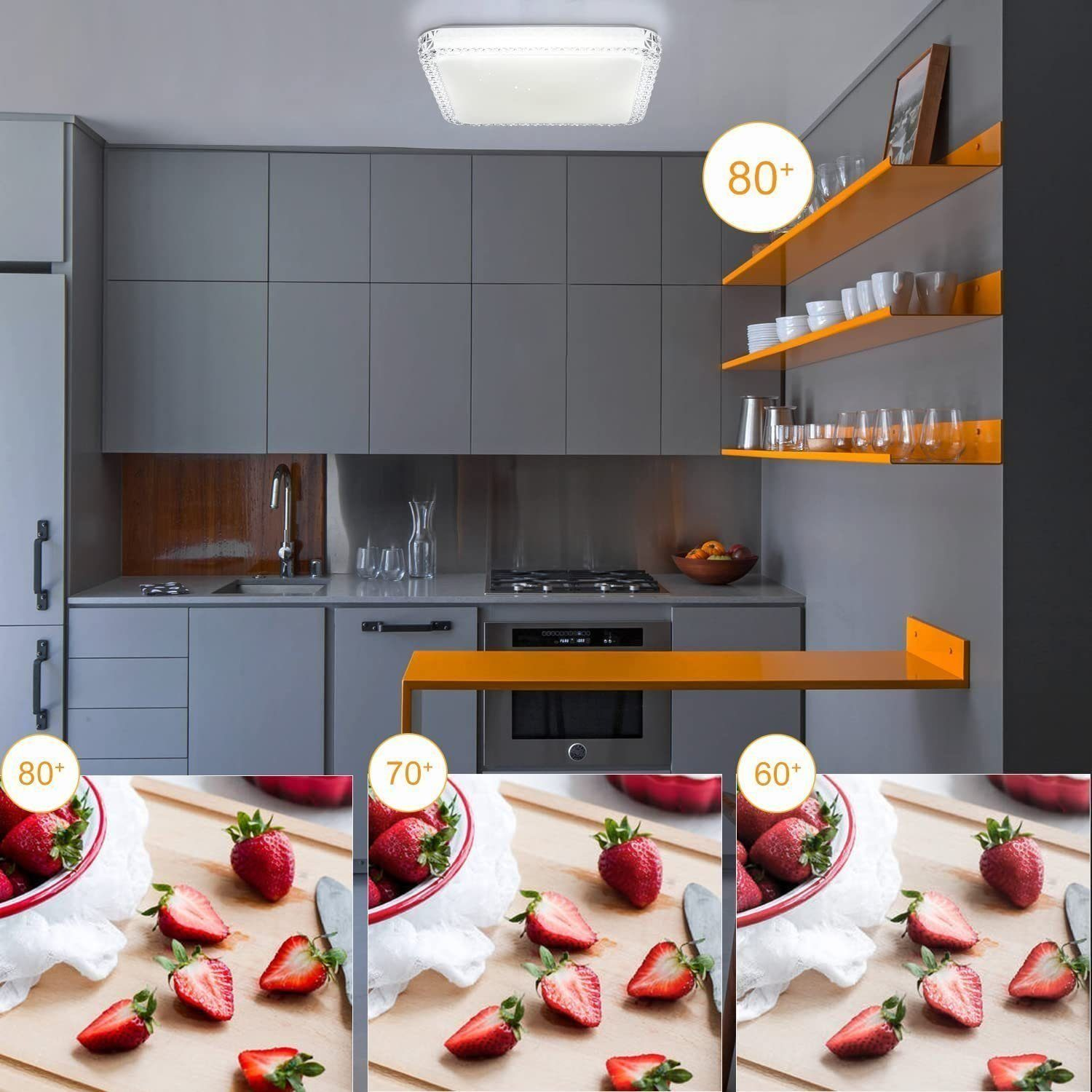 Scena cucina con armadi grigi, mensole arancioni e fragole.