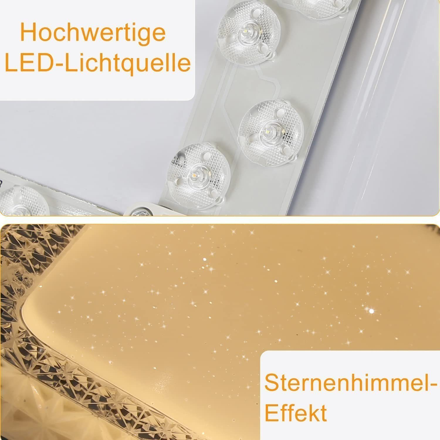 Primo piano di una plafoniera che mostra luci a LED e un effetto cielo stellato. La luce ha un design decorativo e scintillante.