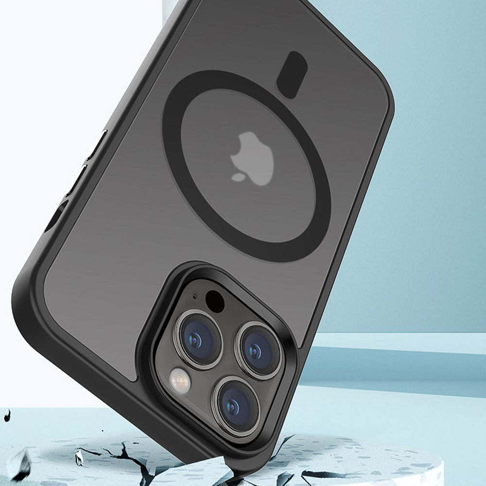 Eine schwarze Handyhülle mit schwarzem Rahmen und dem Apple-Logo-Kreis. Das Telefon ist grau, der Hintergrund blau.