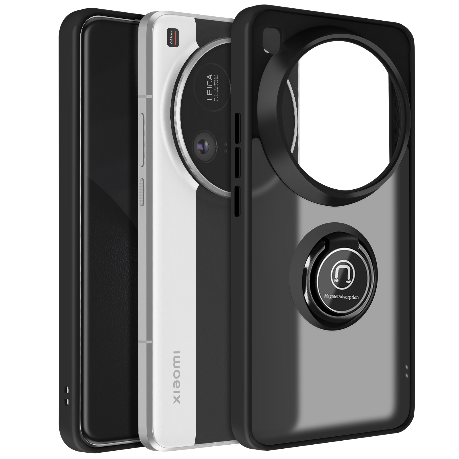 Telefono in custodie. Una nera, una trasparente con anello. Il telefono ha loghi Leica e Xiaomi.