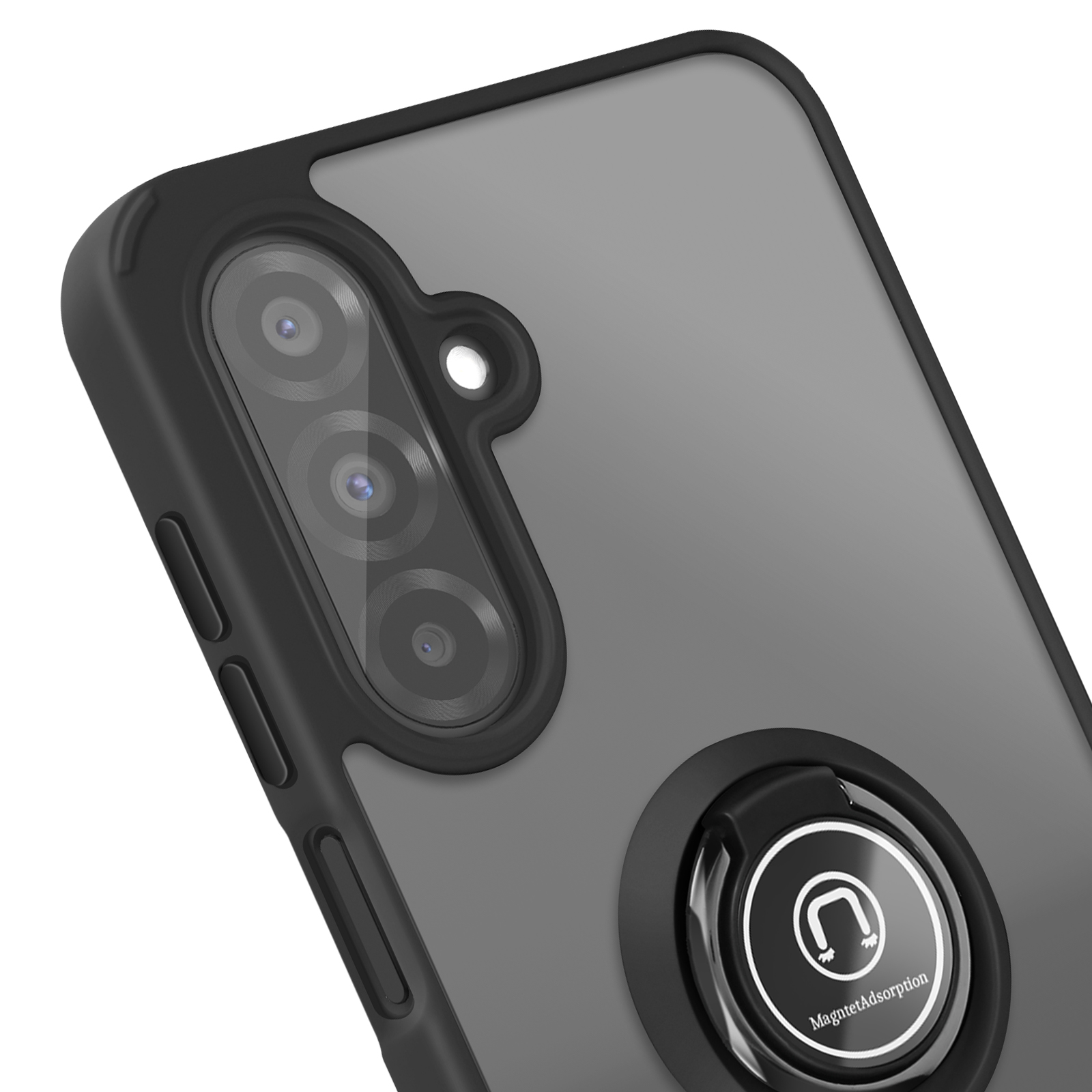 Custodia per telefono con supporto ad anello. Schema colori nero e grigio. Obiettivi della fotocamera visibili.
