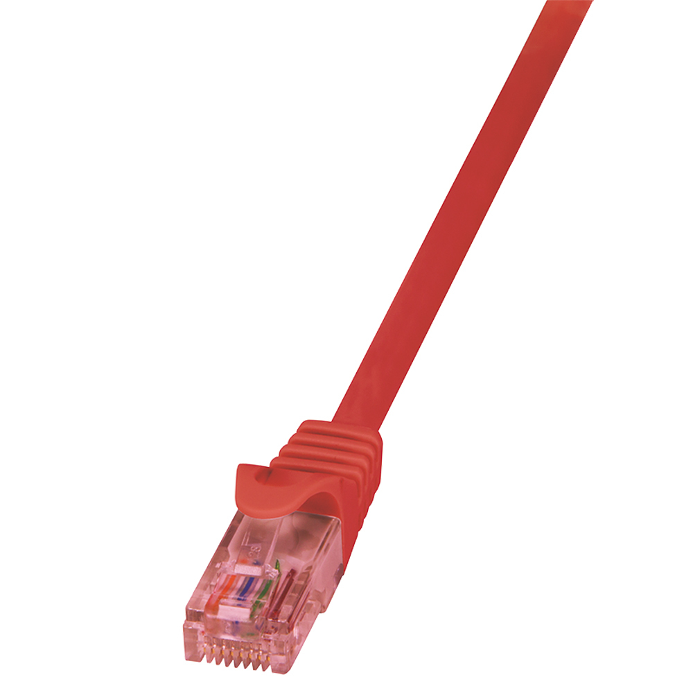 Cavo Ethernet rosso con connettore trasparente.
