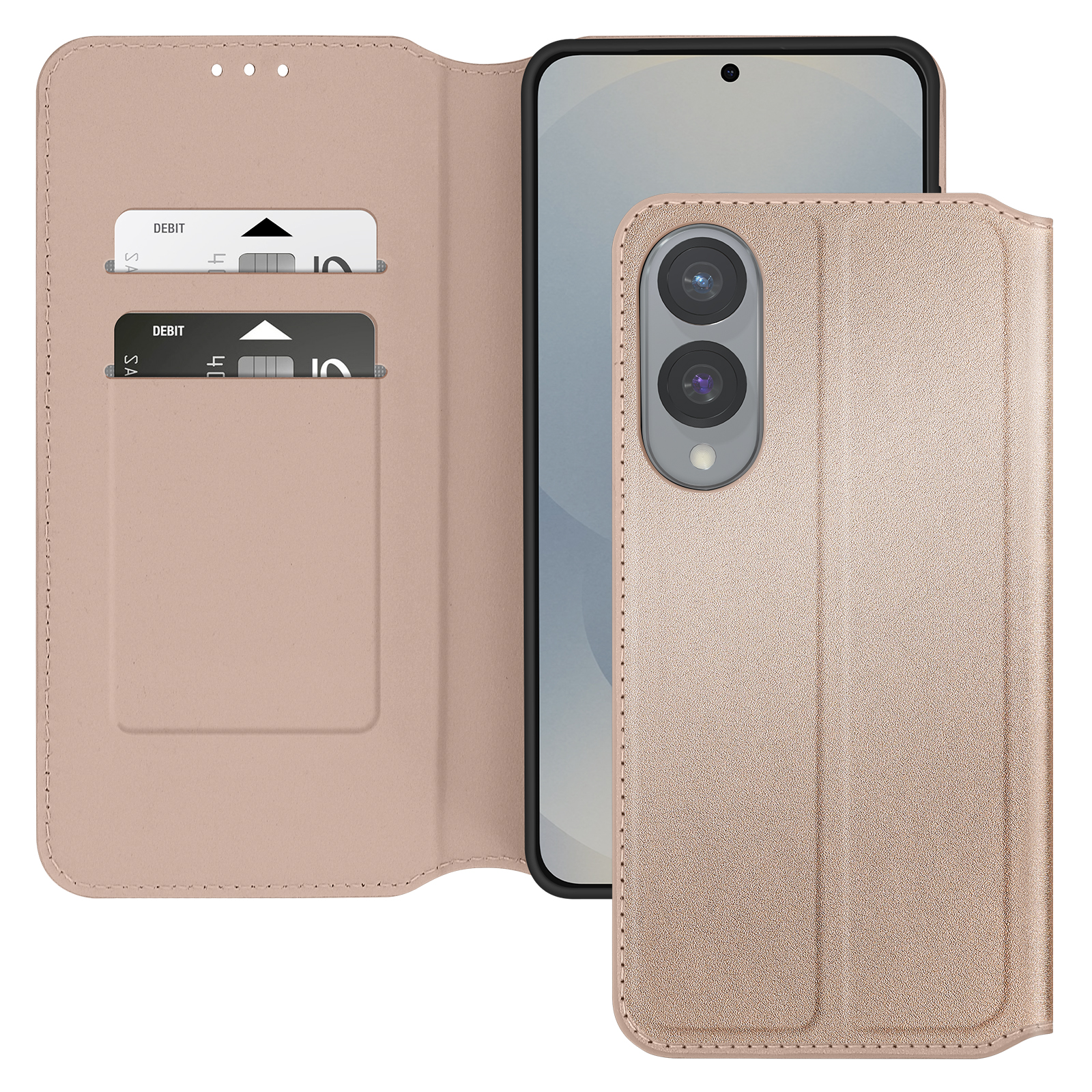 Custodia per telefono con carte. Custodia in pelle beige. Due carte di debito visibili. Telefono e custodia aperti.