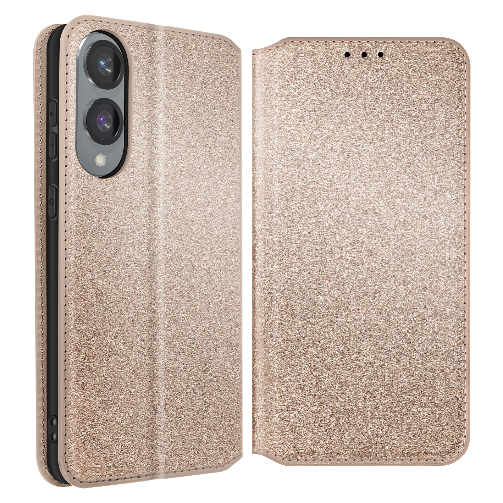 Custodia beige per telefono, aperta, che mostra l'interno.