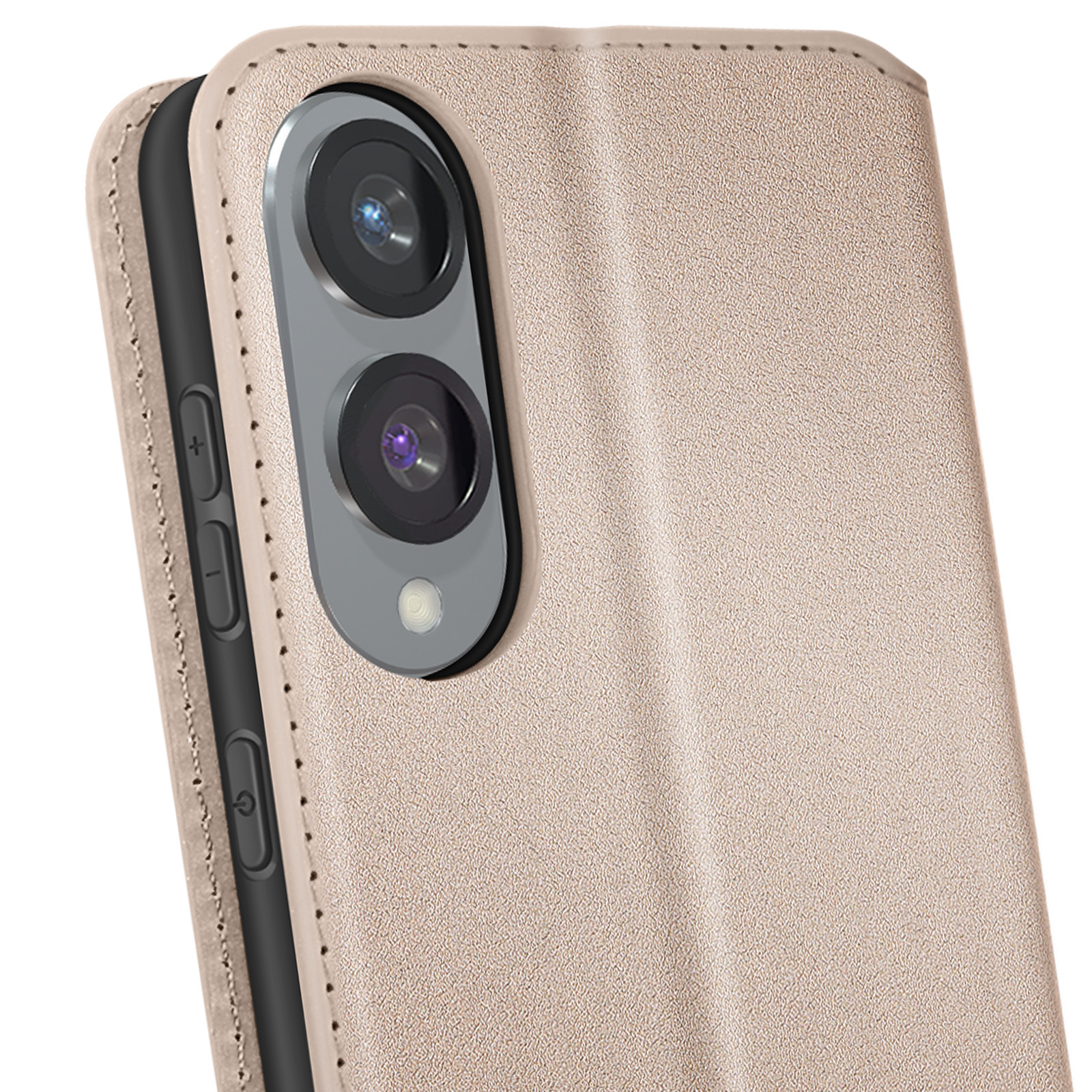Custodia per telefono. Copertura in pelle beige. Fotocamera e pulsanti visibili. Bordi cuciti.
