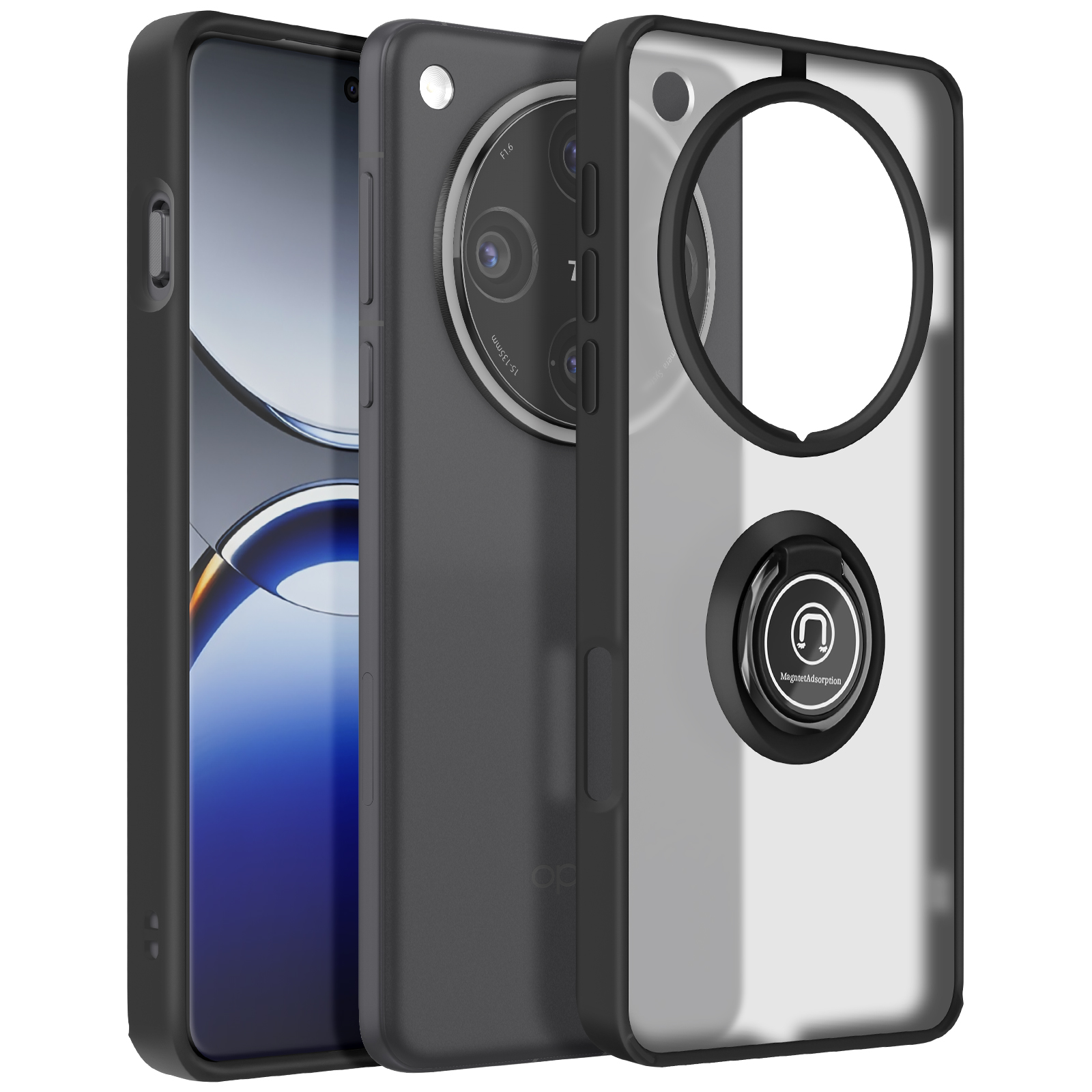 Funda negra para teléfono con parte trasera transparente y un anillo.