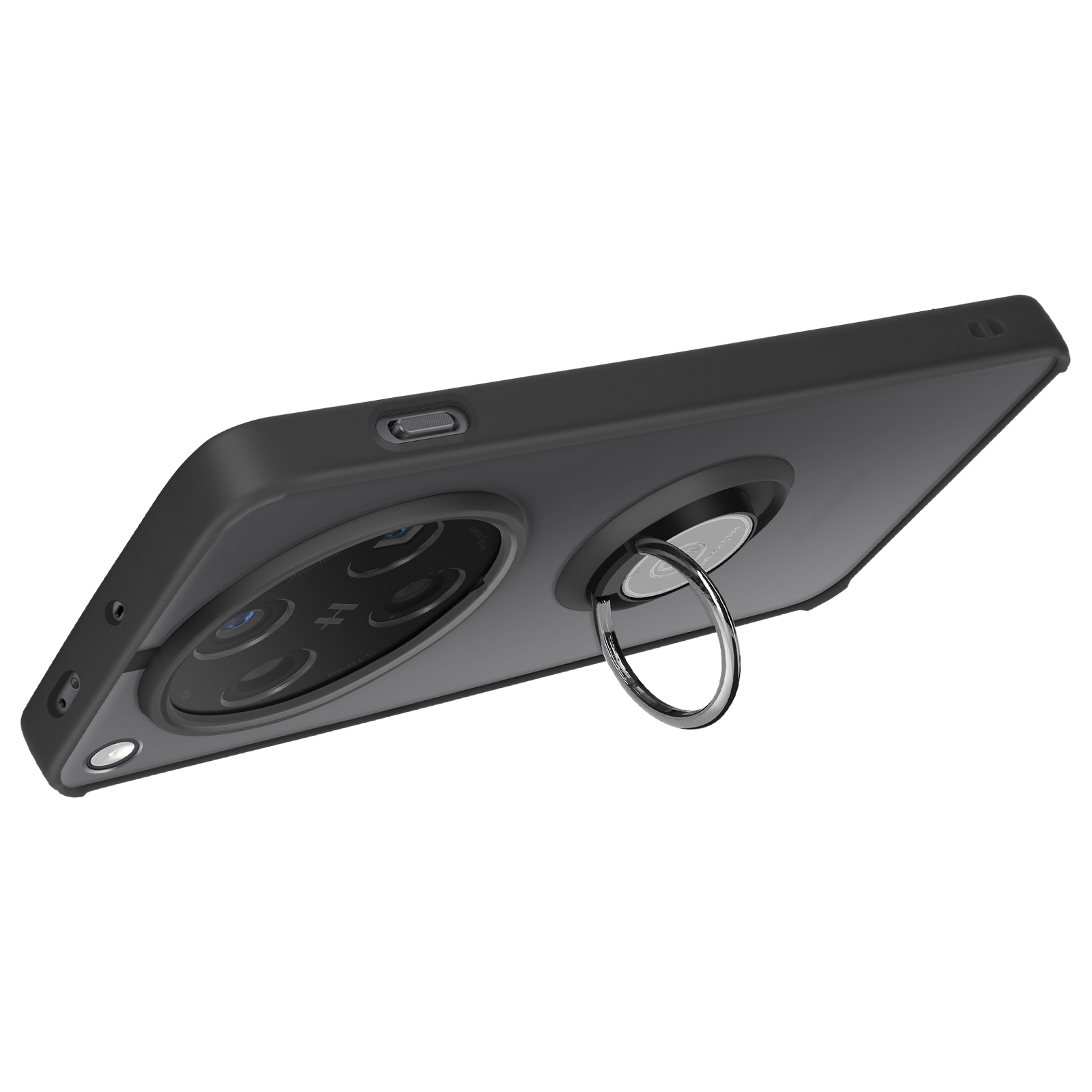 Funda negra de teléfono con soporte de anillo. Las lentes de la cámara son visibles.