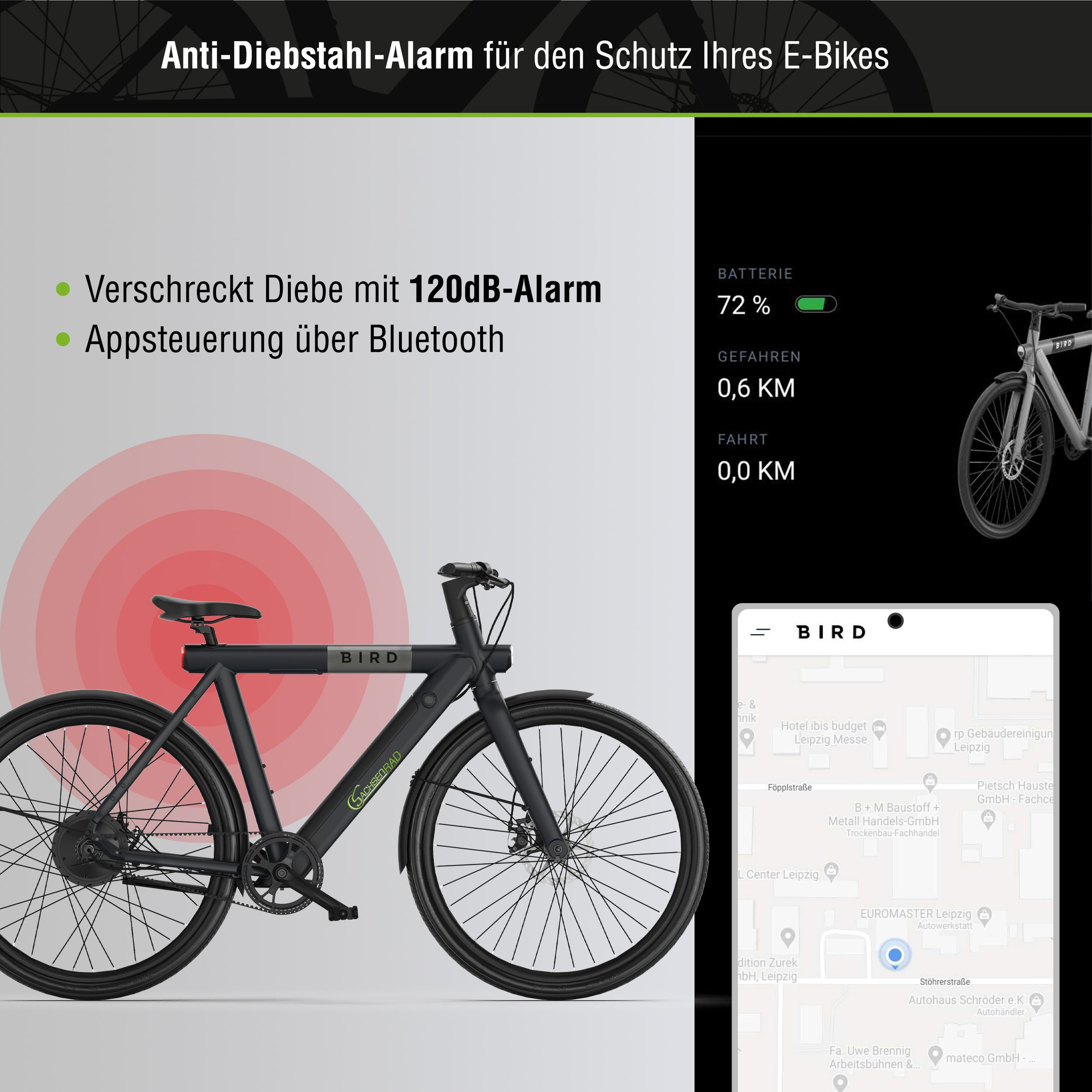 Bild zeigt ein Bird-Elektrofahrrad mit Alarm und eine Telefon-App.