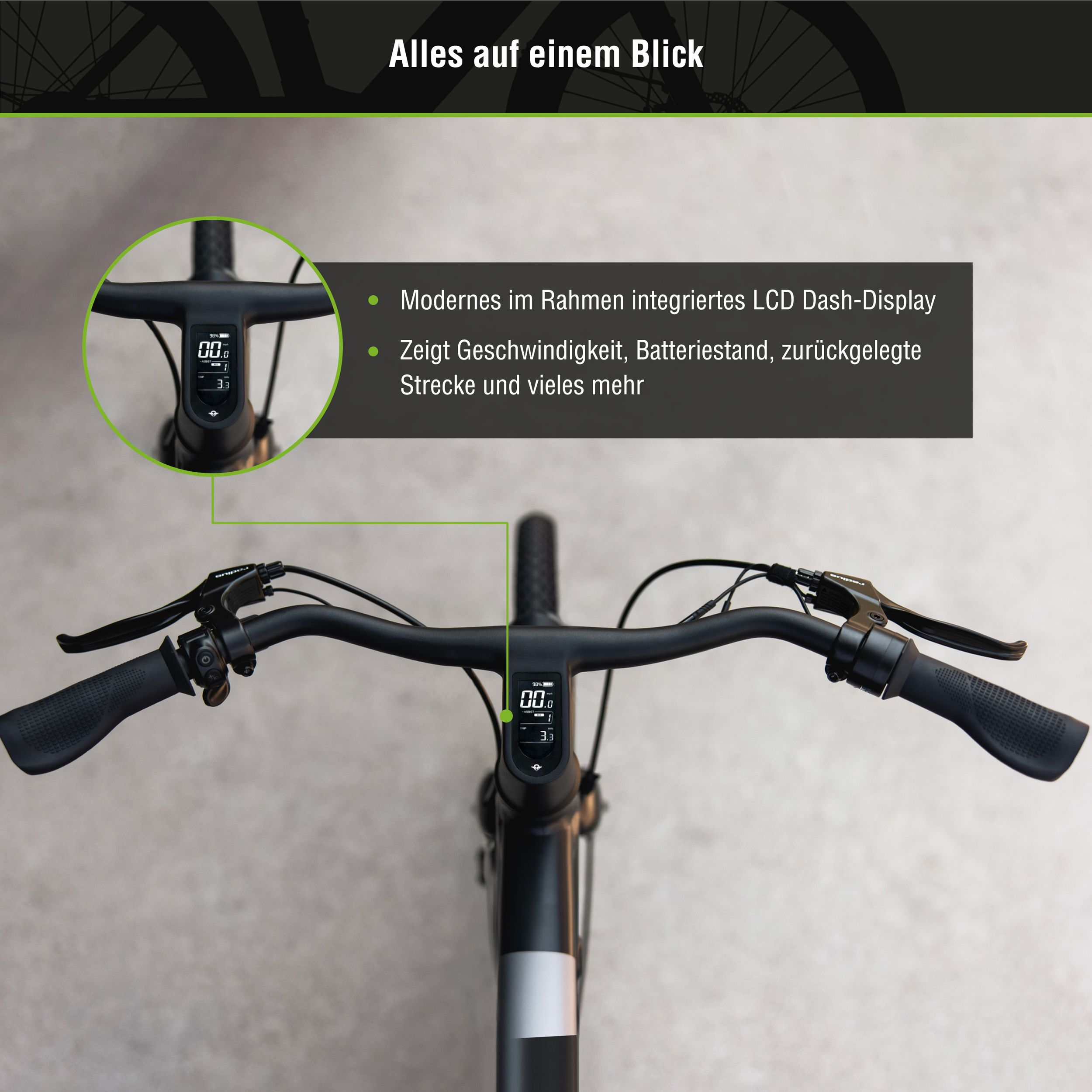 Fahrradlenker mit Display, das die Geschwindigkeit anzeigt. Text: Integriertes LCD-Dash-Display.
