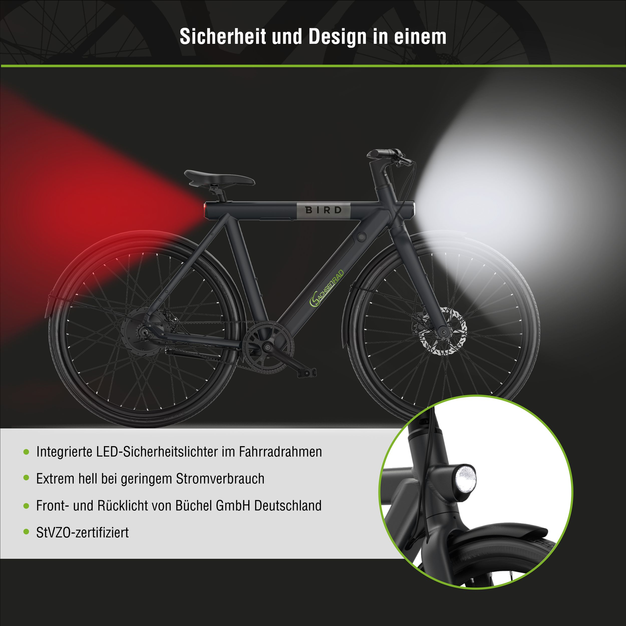 Ein E-Bike mit Sicherheitsmerkmalen, einschließlich LED-Leuchten und StVZO-Zertifizierung.