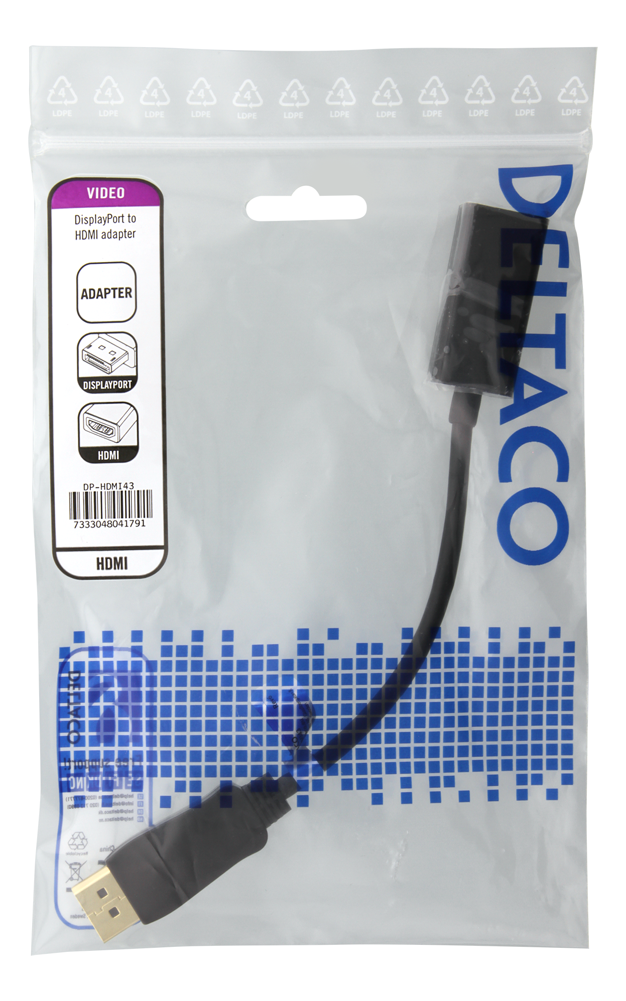 Embalaje que muestra un cable adaptador de DisplayPort a HDMI, en una bolsa de plástico transparente.