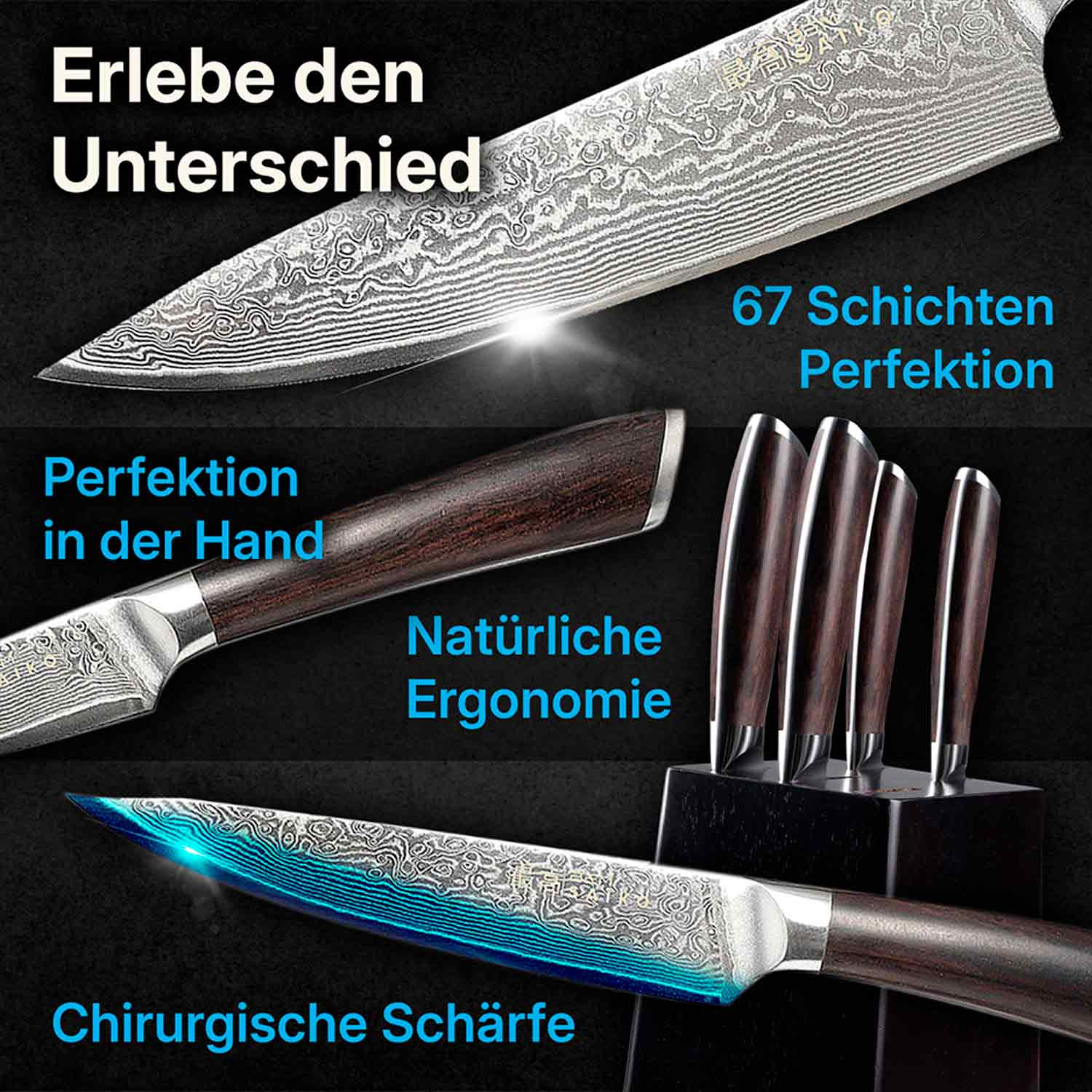 Nahaufnahme von Messern mit Holzgriffen und detaillierten Klingenmustern.