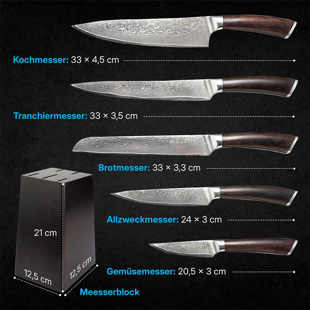 Set von Küchenmessern und ein Holzblock. Messer sind mit Namen beschriftet.