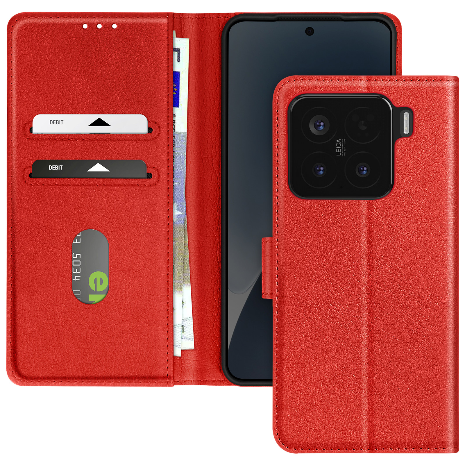 Custodia rossa per telefono, aperta con carte e denaro, telefono a destra.