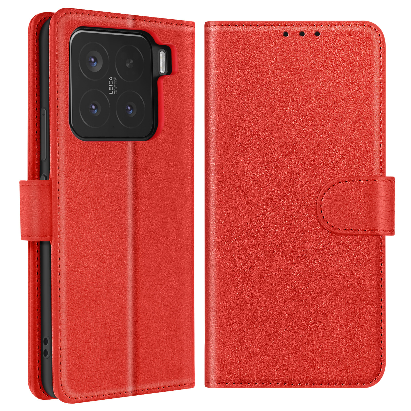 Custodia rossa per telefono, chiusa, con lenti della fotocamera visibili.
