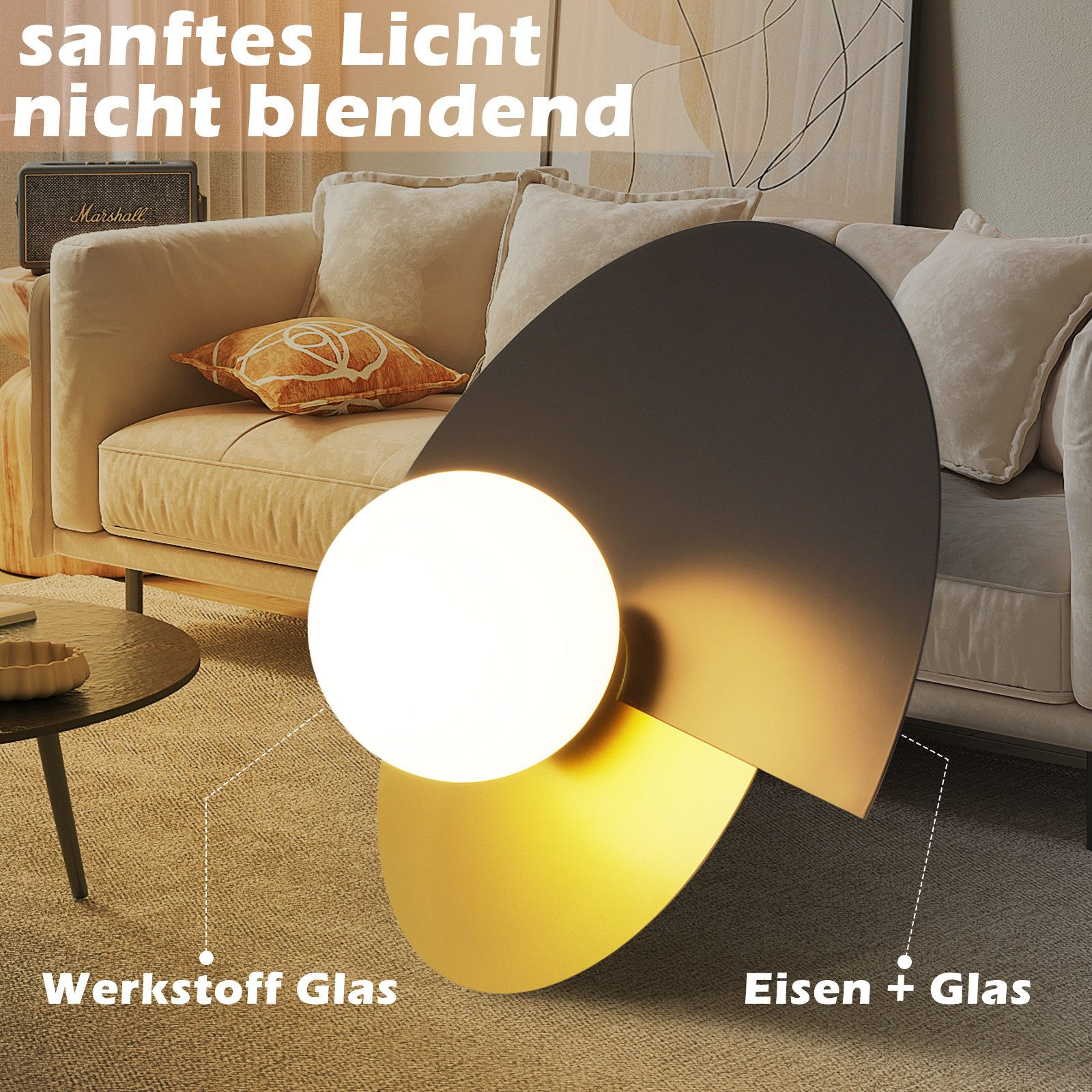 Lampada da parete artistica moderna con sfera luminosa e design curvo scuro.