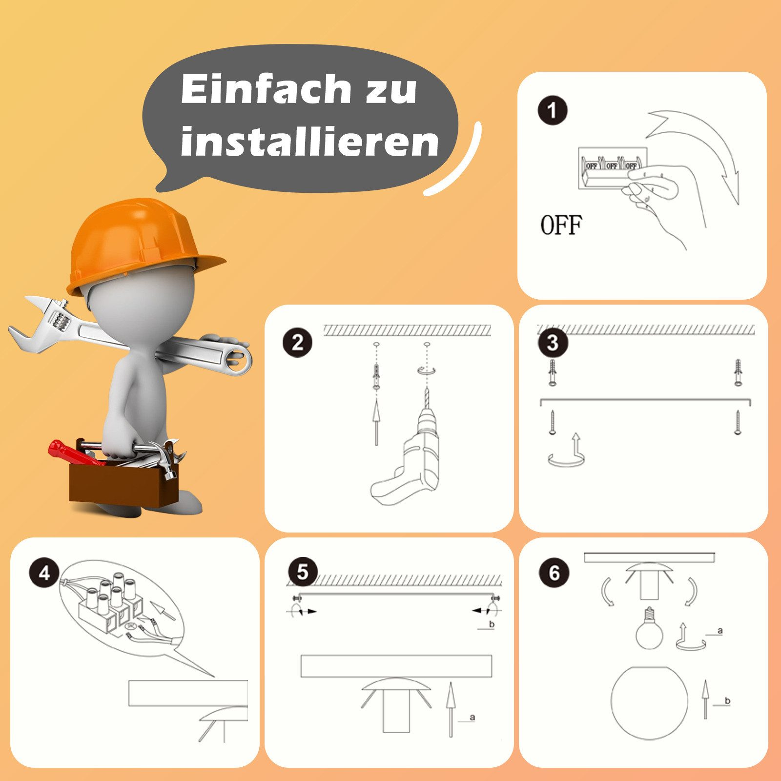 Istruzioni per l'installazione di un apparecchio di illuminazione, con figura e attrezzi.