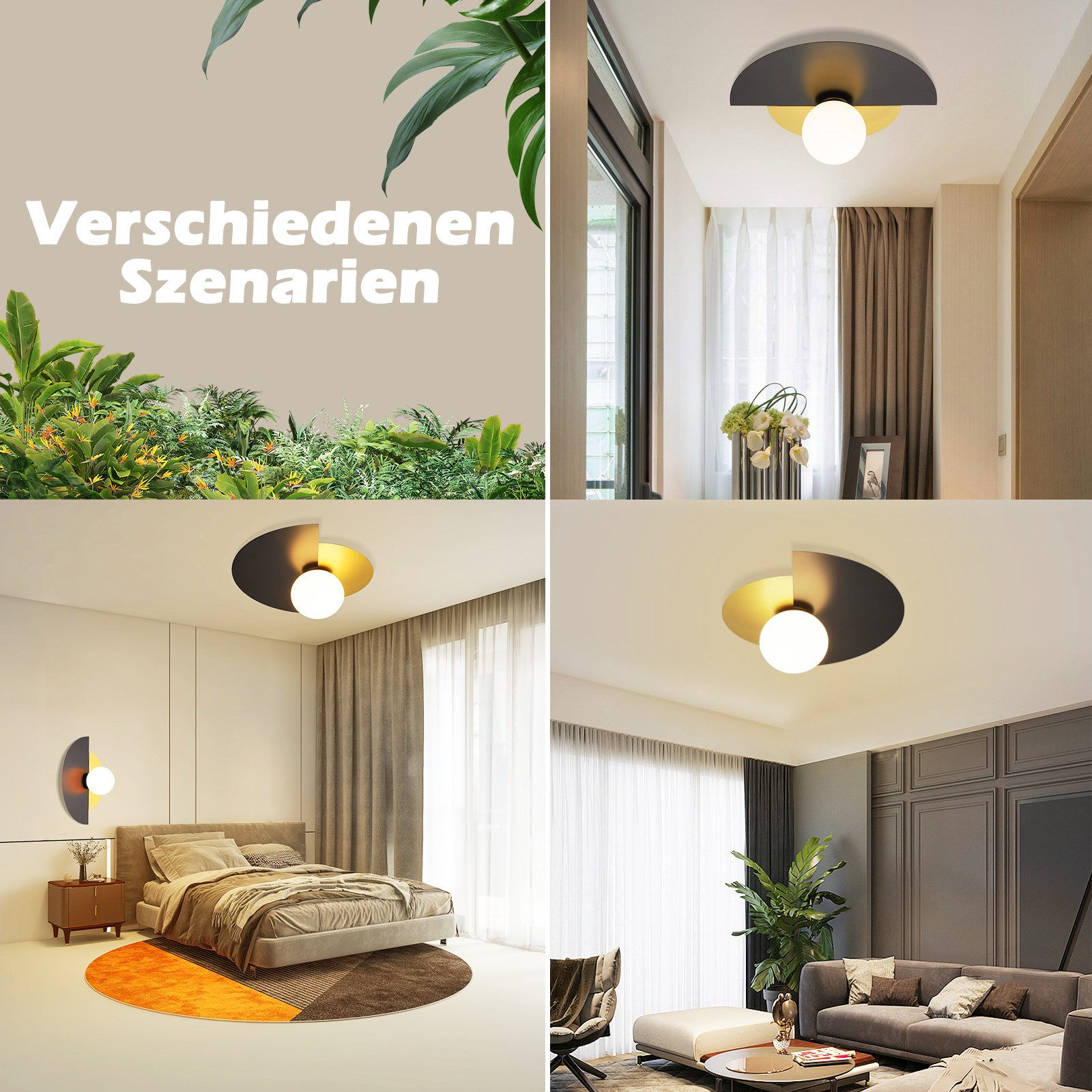 Varie scene con lampade da soffitto nere e dorate, che mostrano design e decorazione d'interni moderni.