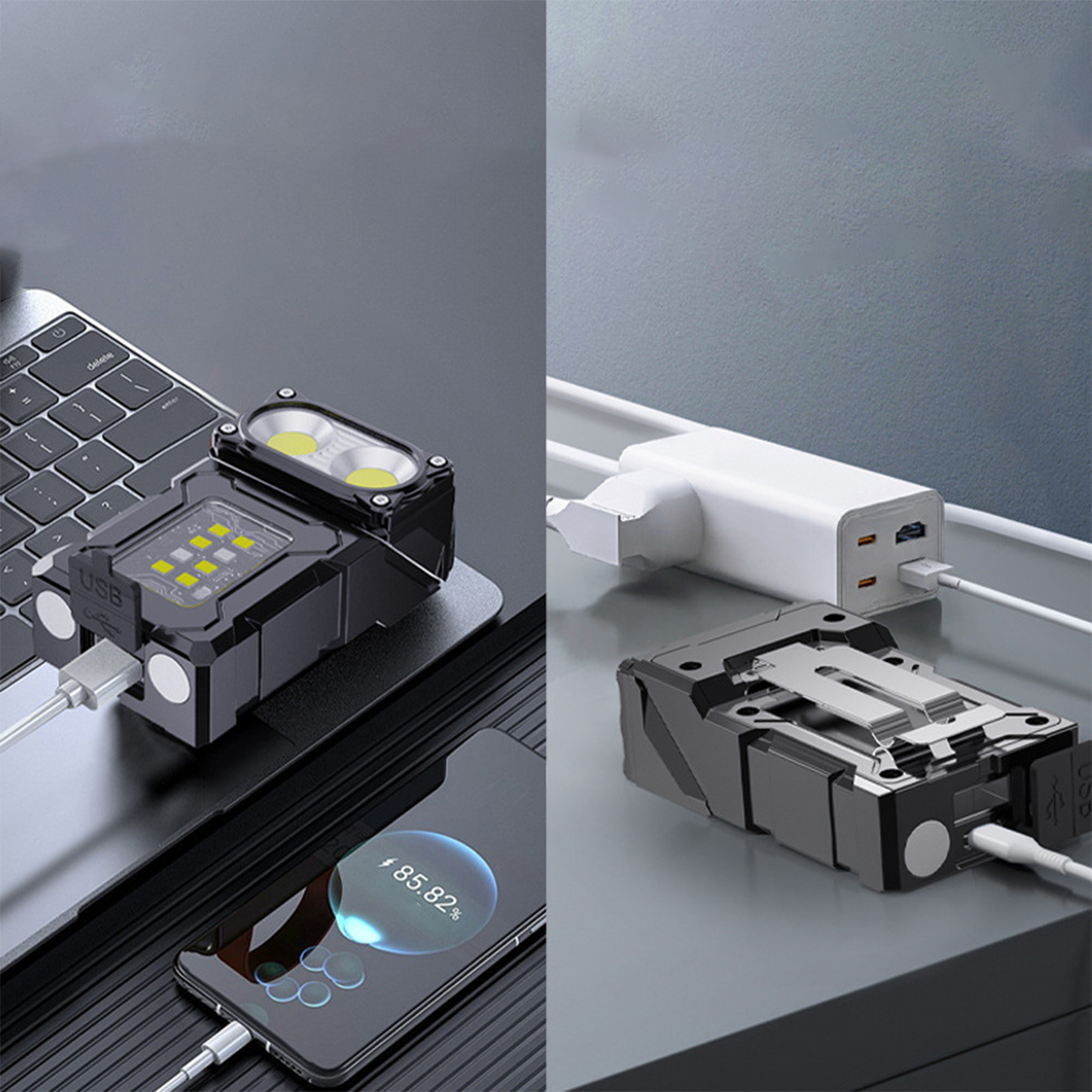 Zwei Bilder einer schwarzen Taschenlampe mit USB-Anschluss, verbunden mit einem Telefon und einem Ladegerät.