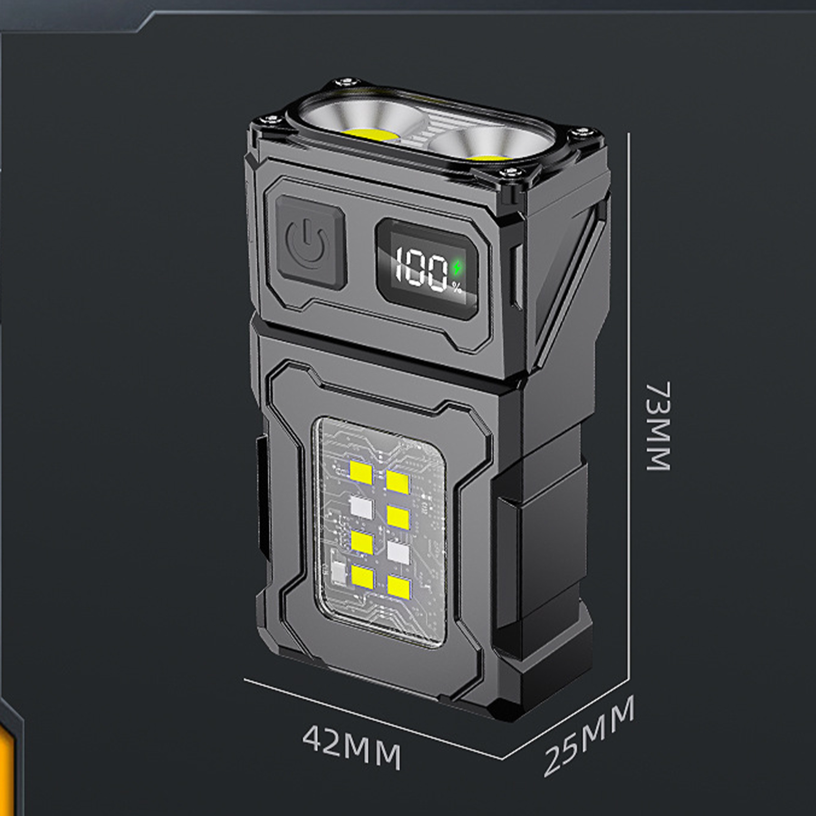 Eine schwarze Taschenlampe, die den Netzschalter, die Lichtanzeige und die Abmessungen in Millimetern zeigt.
