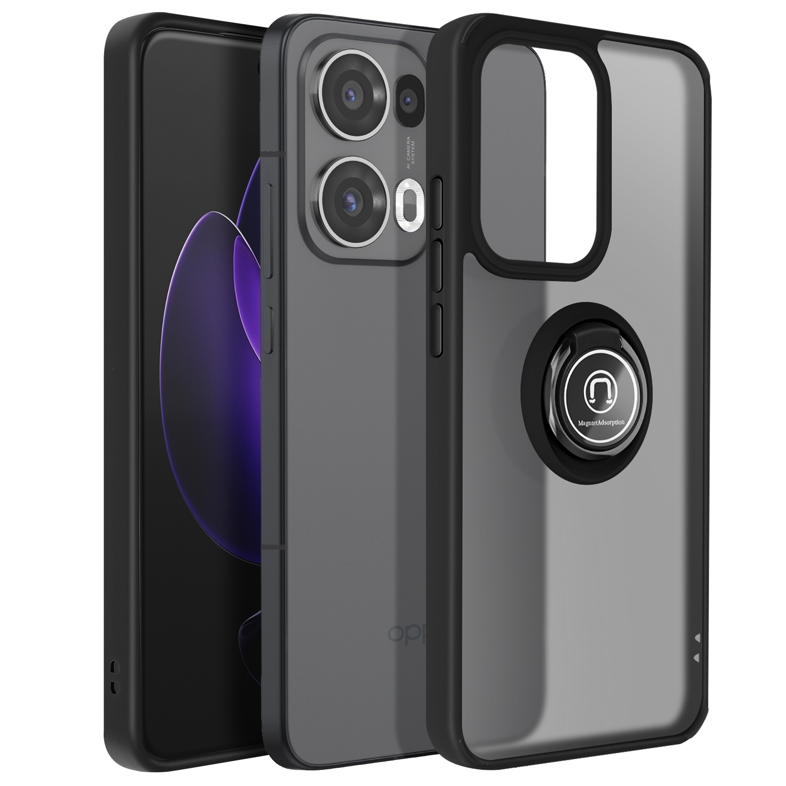 Smartphone in schwarzer Hülle mit Kameraausbuchtung. Hülle hat Ringhalter. Schwarzer Bildschirm.