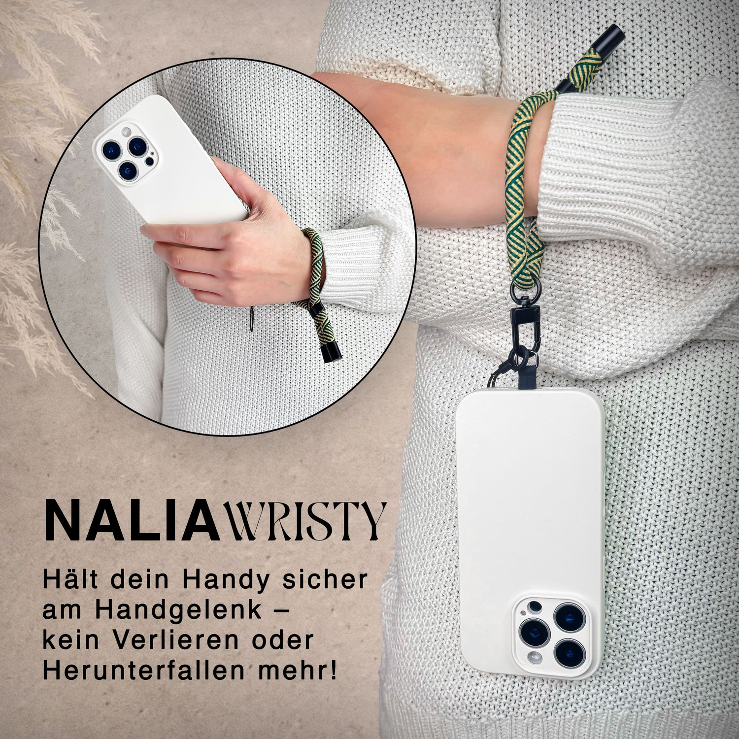 Ein Telefon in einer weißen Hülle mit einem grün-gelben Handgelenkband.