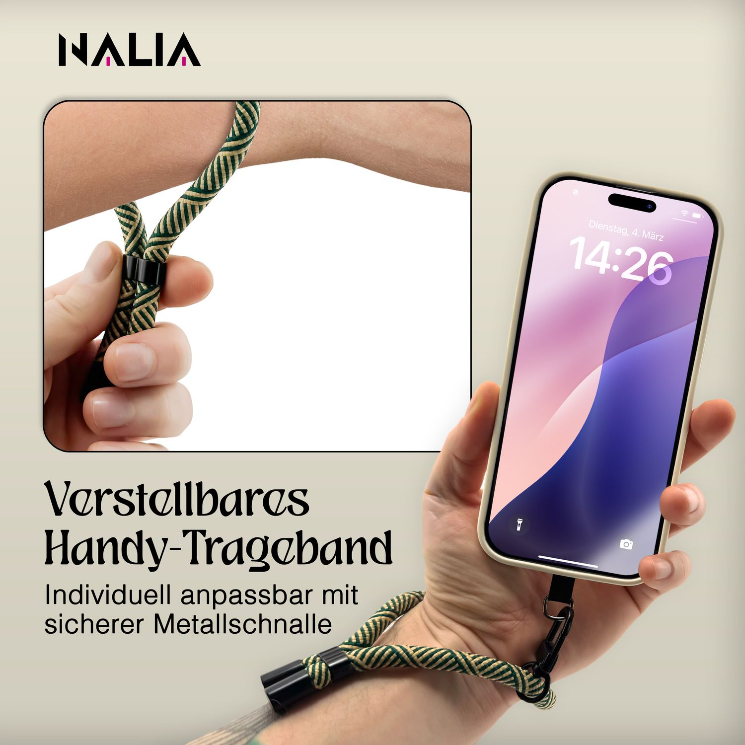 Telefonriemen in der Hand, Telefon im Rahmen. Der Riemen ist grün und gelb.