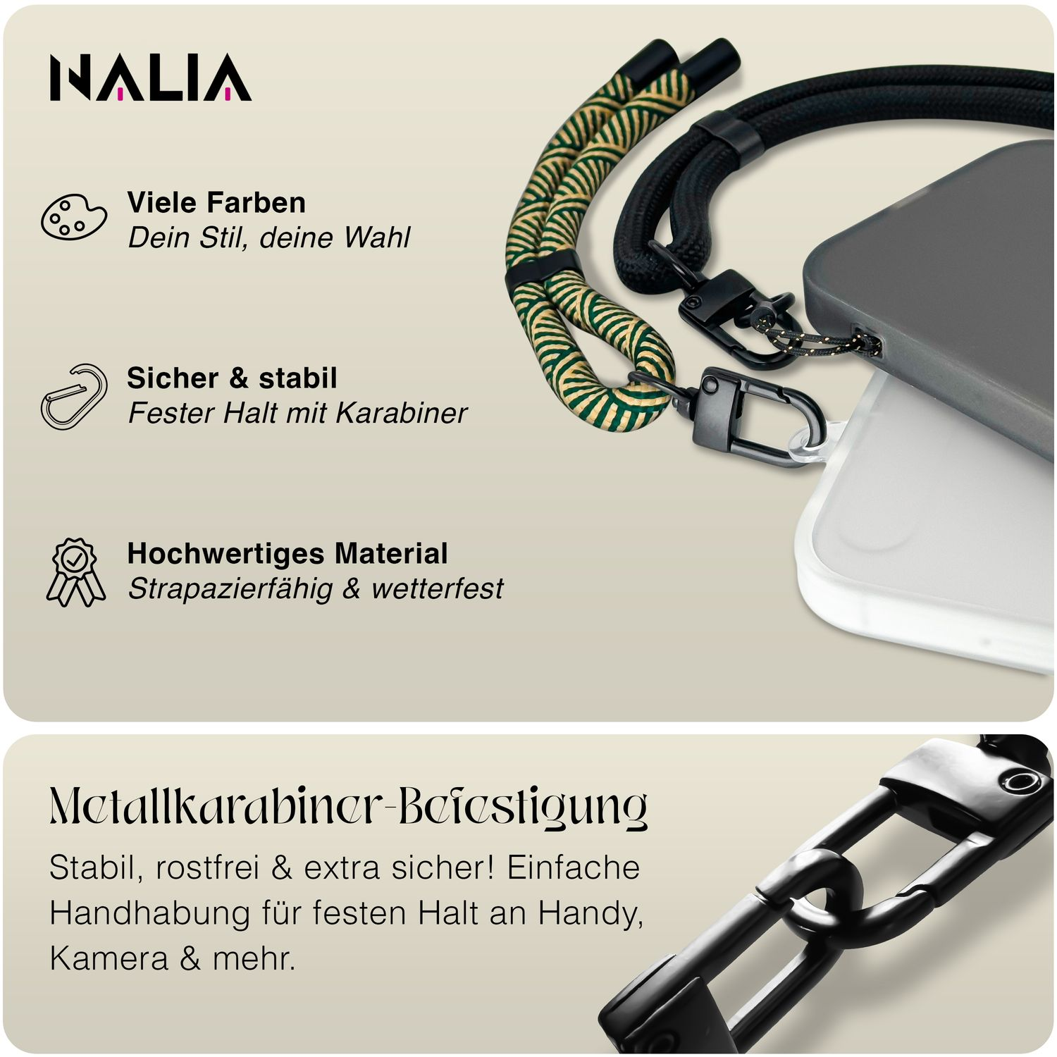 Handyband mit grün-schwarzem Design, schwarzer Karabiner. Text: Sicher & stabil.