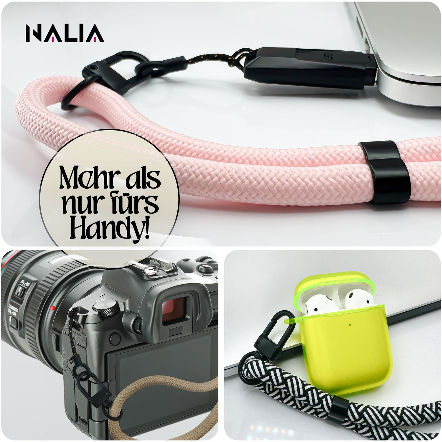 Pinkes Lanyard, Kamera mit Gurt und andere Geräte, die seine Verwendung zeigen.