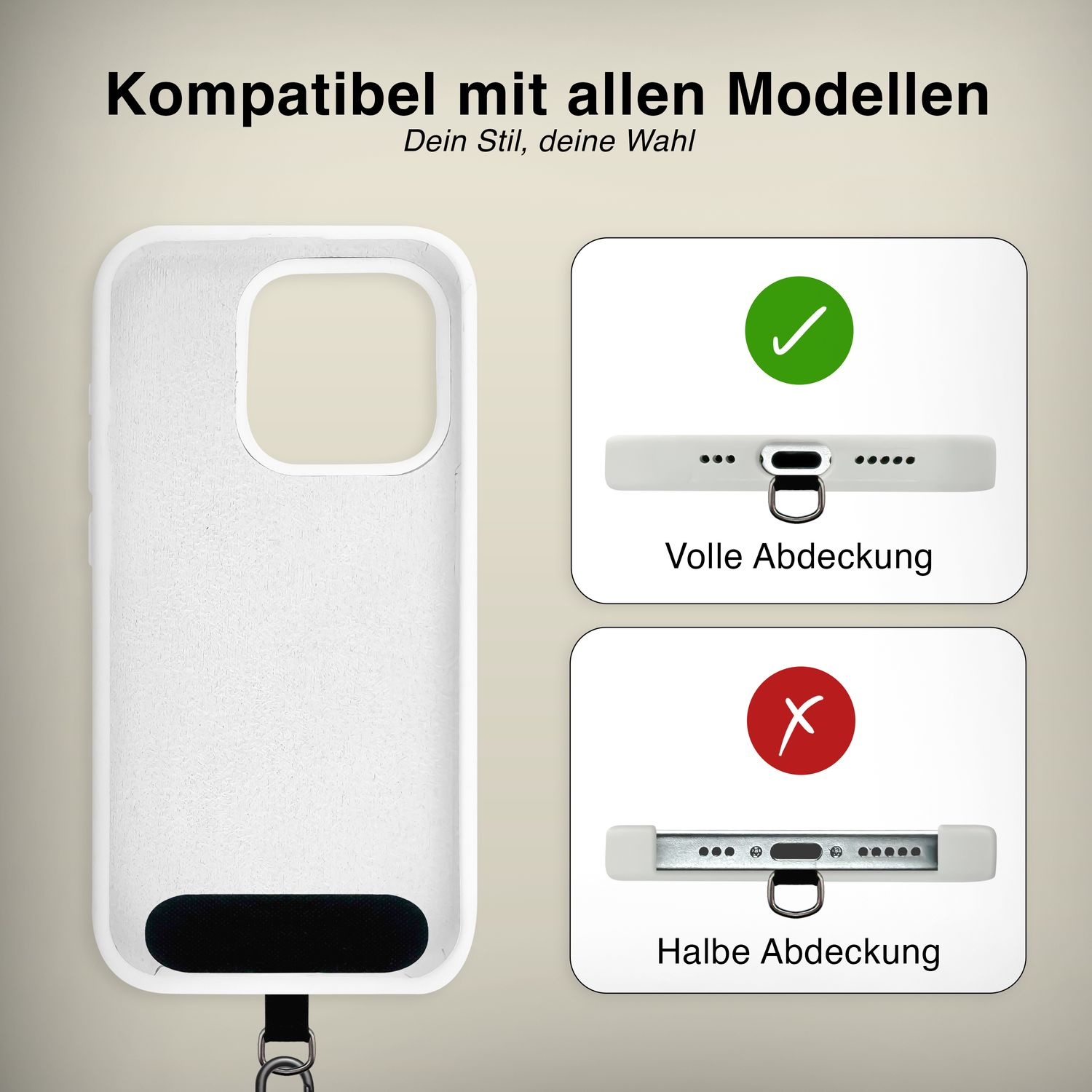 Handyhülle mit Details, mit vollständigen und halben Abdeckungsoptionen. Zubehör befestigt.