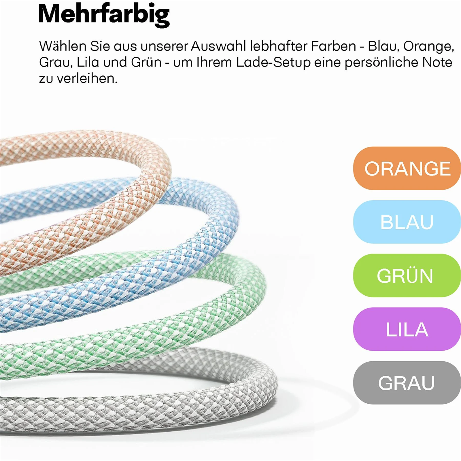 Gewickelte Kabel in verschiedenen Farben: orange, blau, grün, lila und grau. Text: Mehrfarbig.