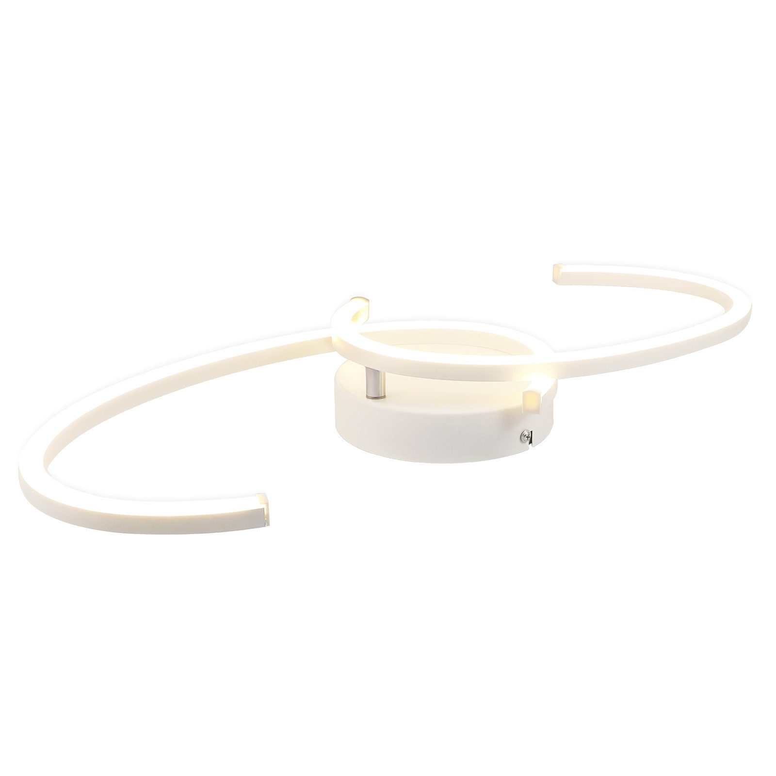 Lampada da soffitto bianca dal design curvo, che emette luce intensa.