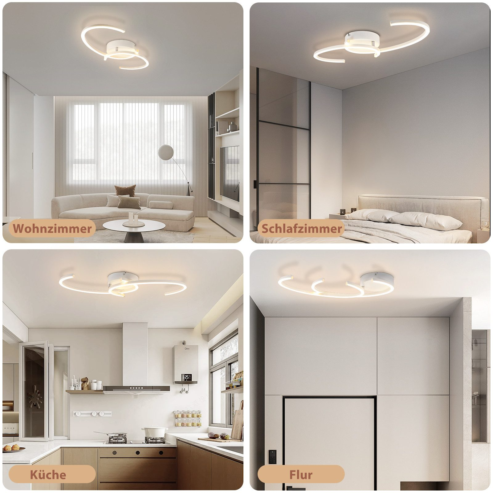Quattro immagini di una lampada da soffitto in diverse stanze: soggiorno, camera da letto, cucina, corridoio.