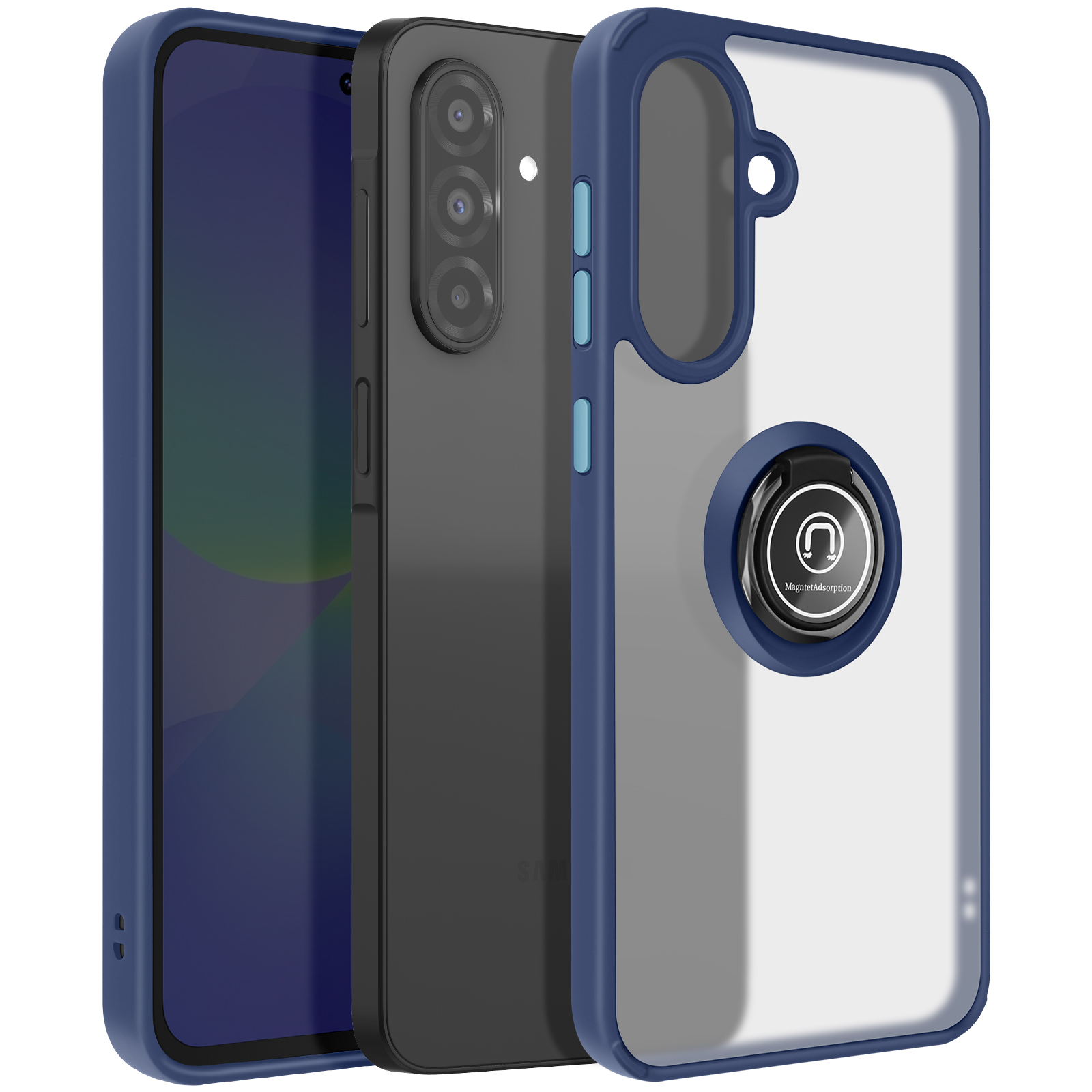 Telefono con custodia blu e anello di supporto, che mostra il retro.