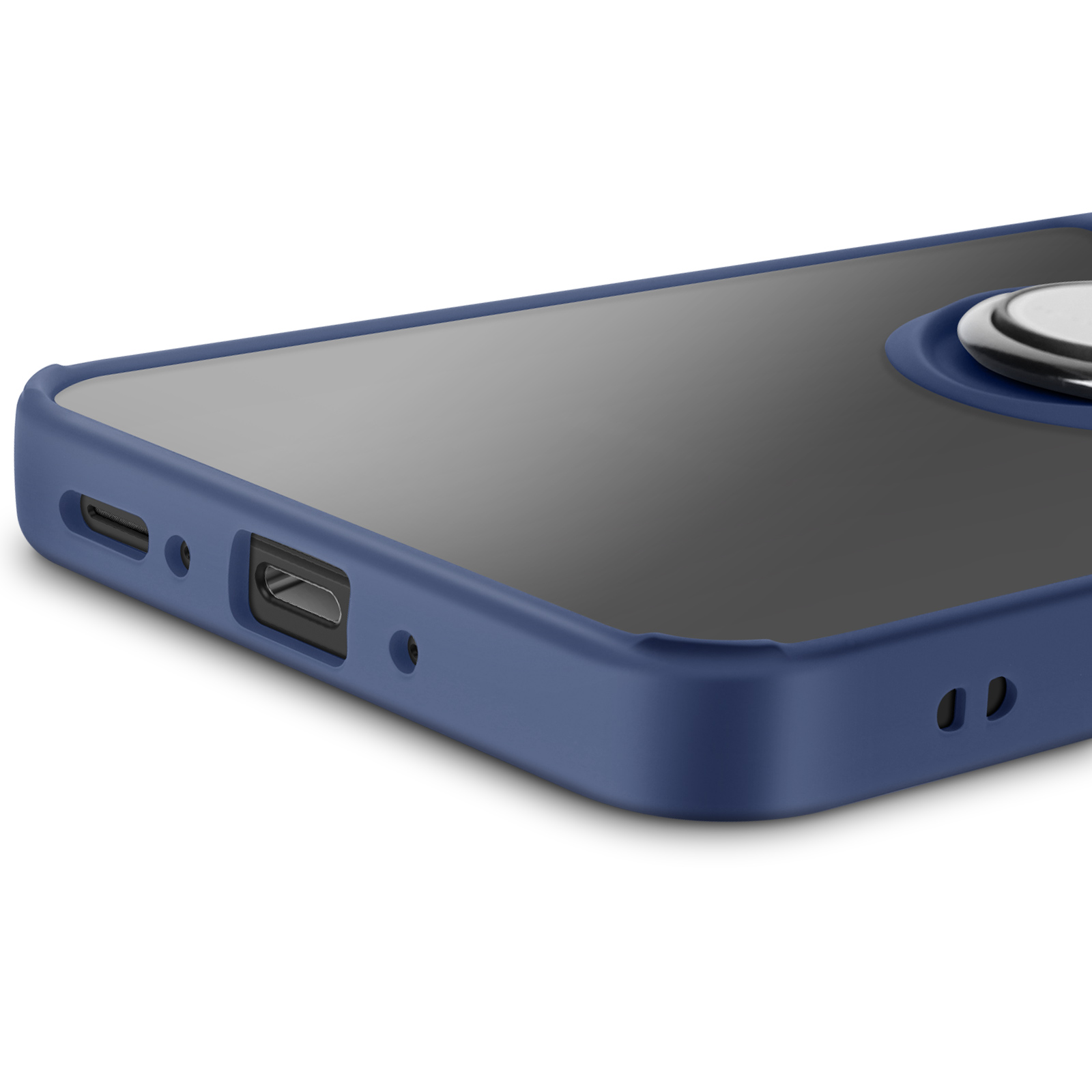 Custodia per telefono con bordatura blu, anello di supporto e telefono parzialmente visibile.