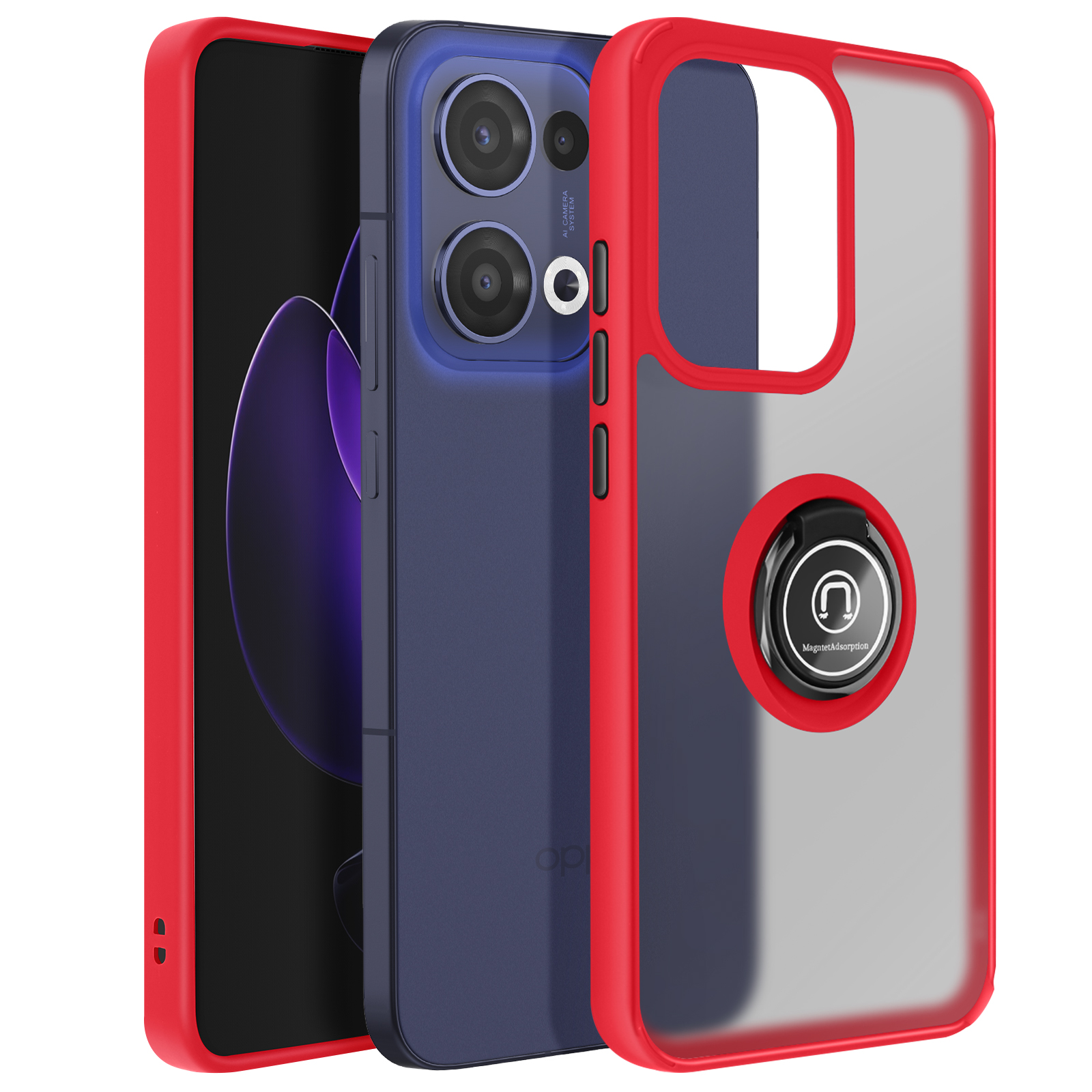 Custodia per telefono con cornice rossa. Telefono nella custodia, con retro nero e lenti della fotocamera.