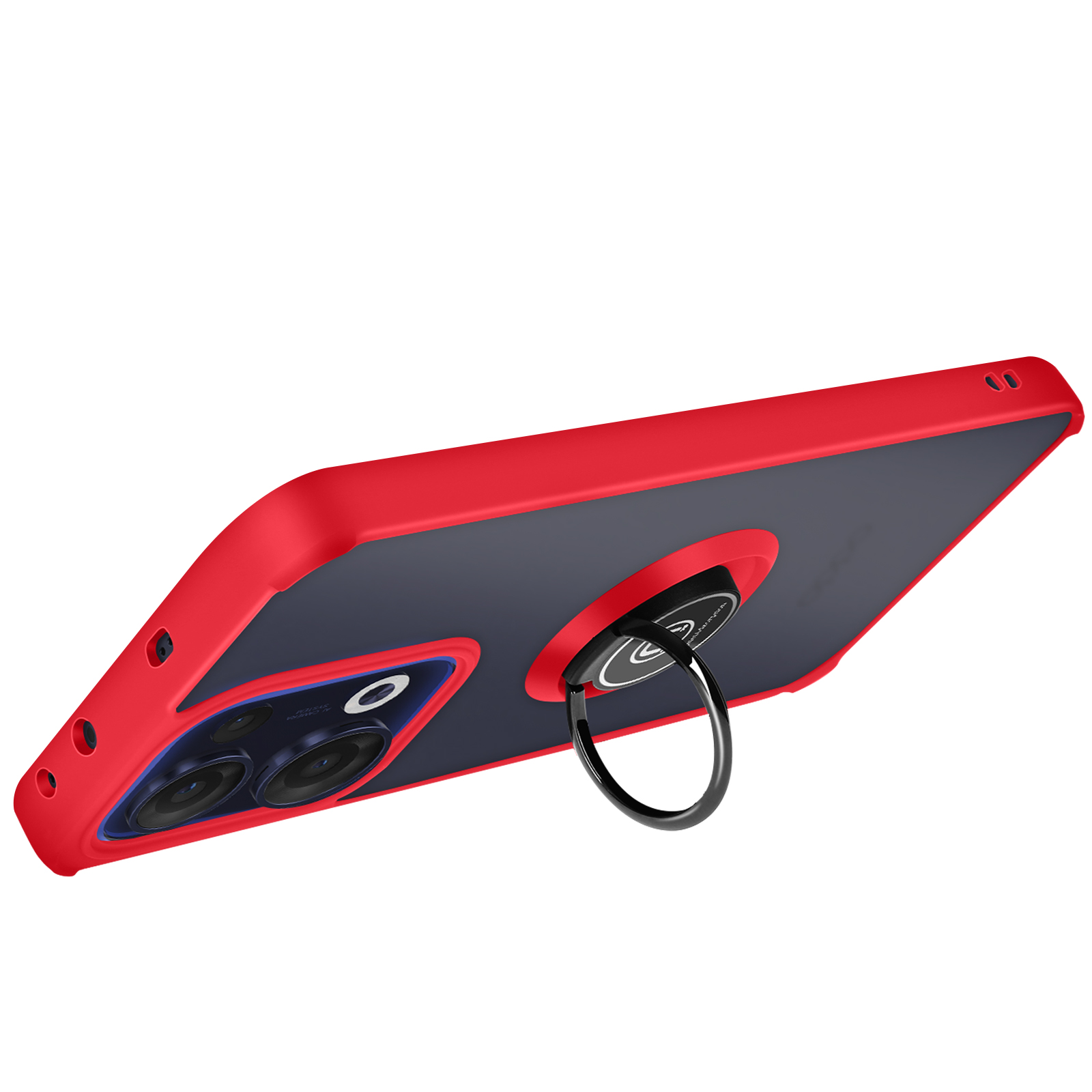 Custodia per telefono rossa con anello di supporto, fotocamera e telefono visibile.