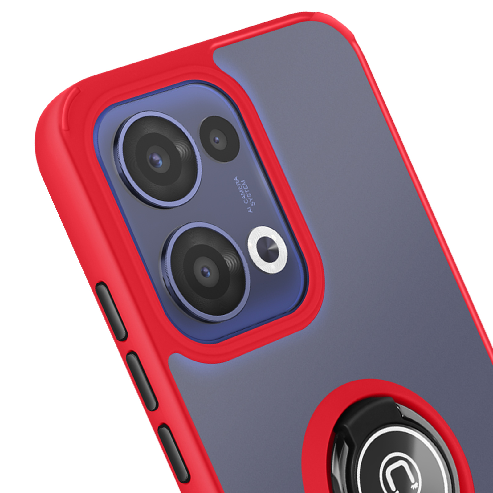 Custodia per telefono rossa e blu con ritaglio fotocamera e anello, primo piano.