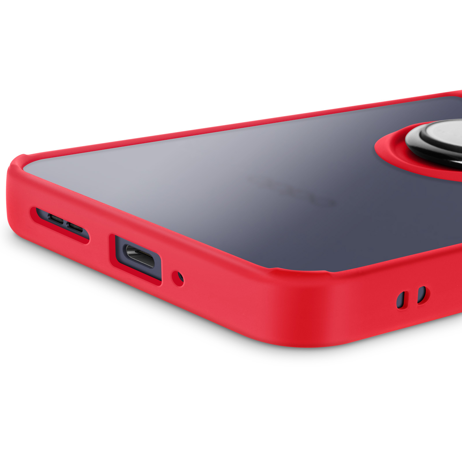 Primo piano di una custodia per telefono con cornice rossa e retro nero trasparente.