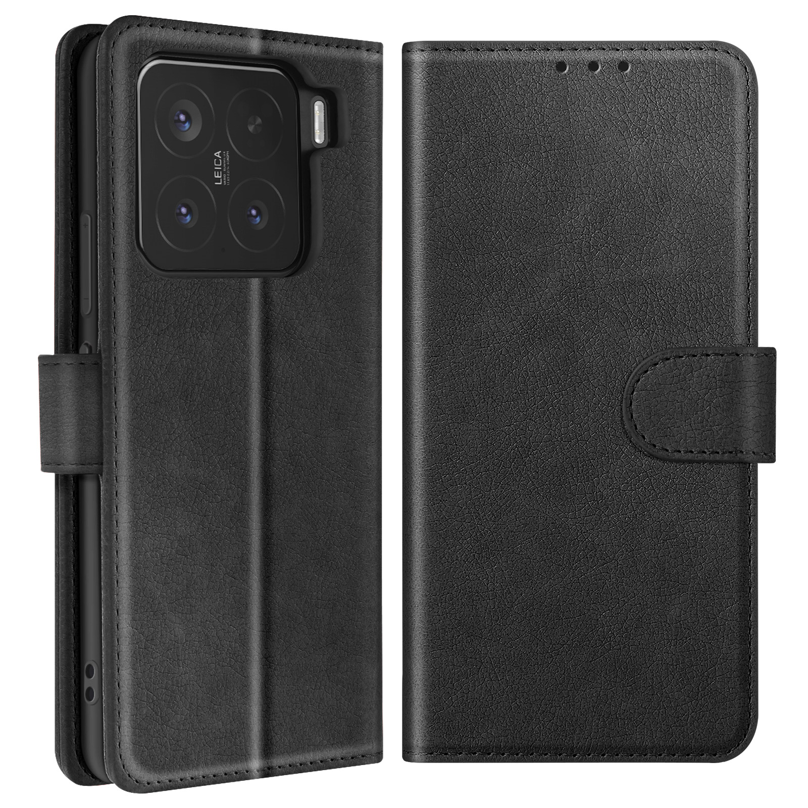 Custodia nera per telefono, aperta con telefono. Chiusura con bottone.