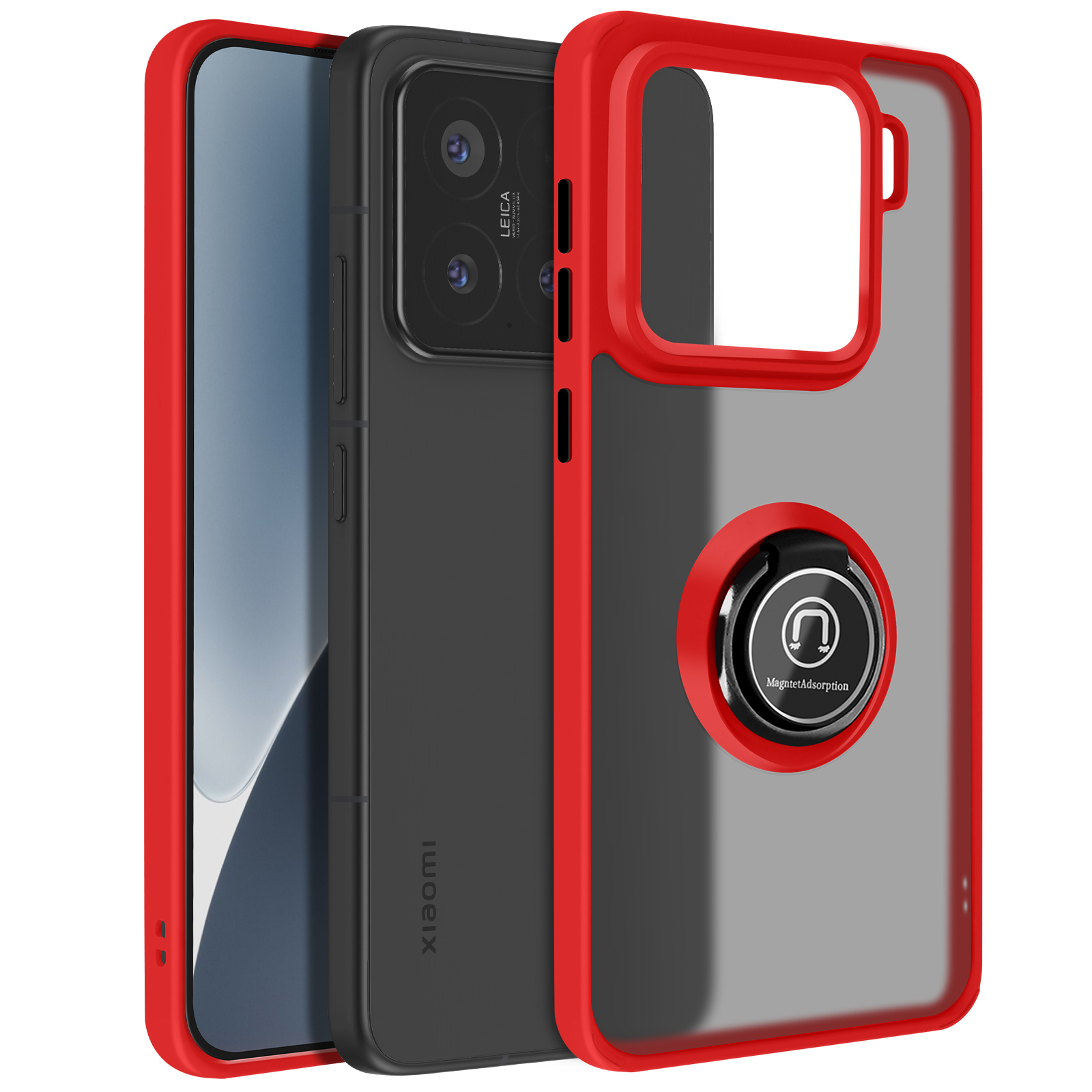 Custodia rossa e nera con telefono e anello.